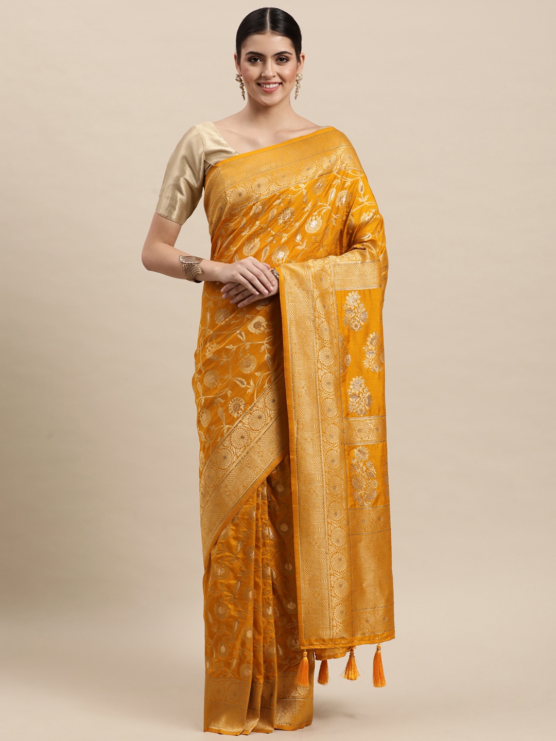 

MOHEY Mustard Yellow Woven Design Saree