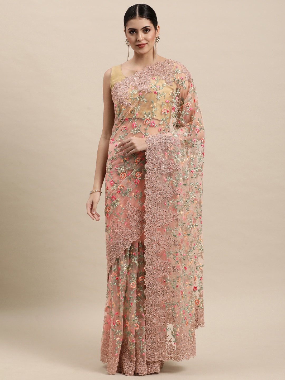 

MOHEY Pink Ethnic Motifs Sequinned Net Saree