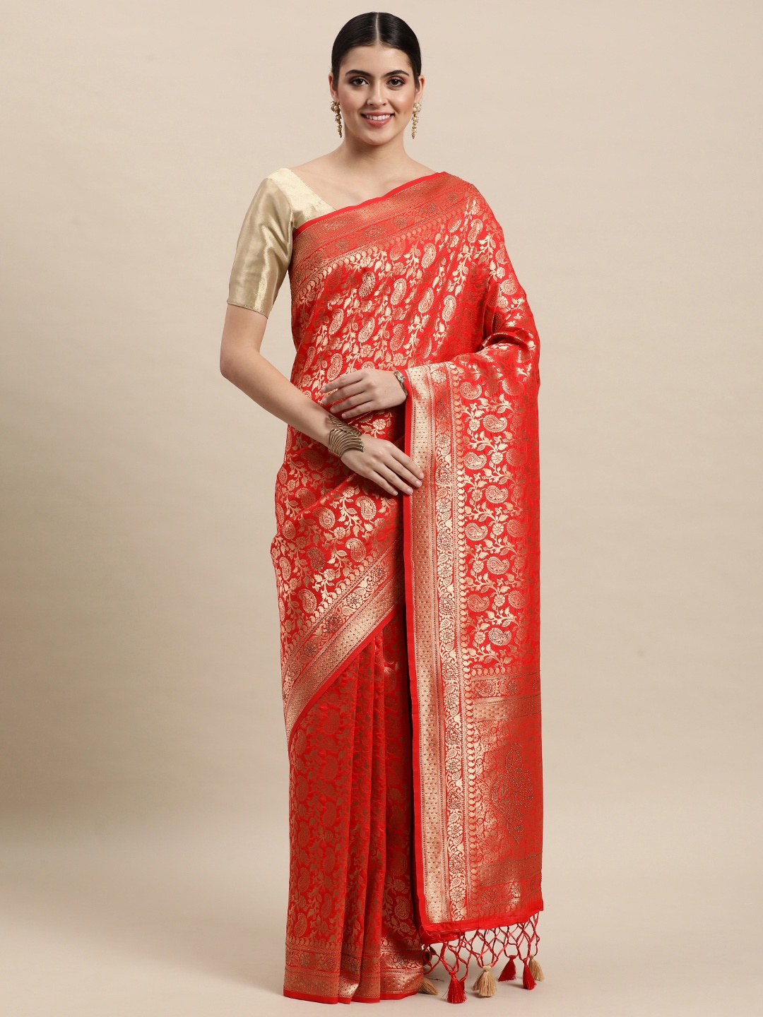 

MOHEY Red & Golden Ethnic Motifs Woven Design Saree