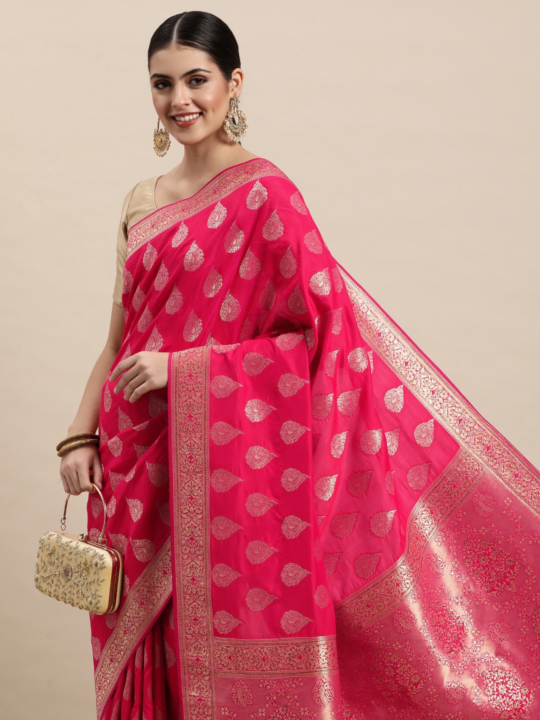 

MOHEY Pink & Golden Ethnic Motifs Woven Design Saree