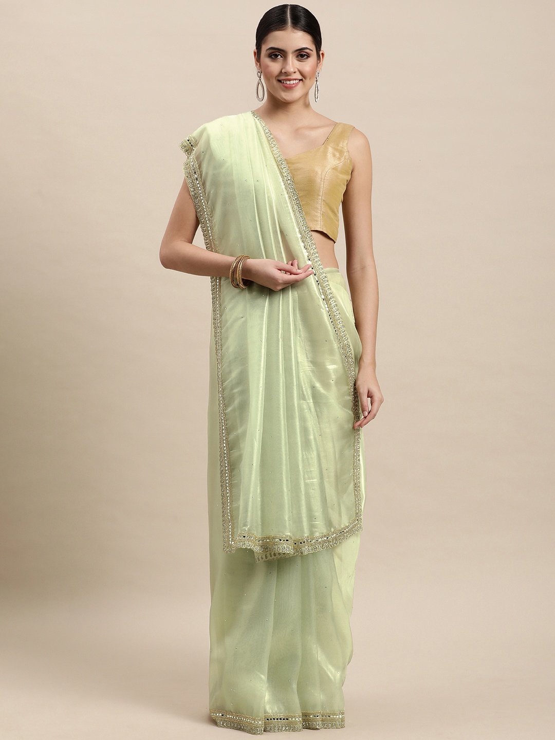 

MOHEY Green Solid Organza Saree