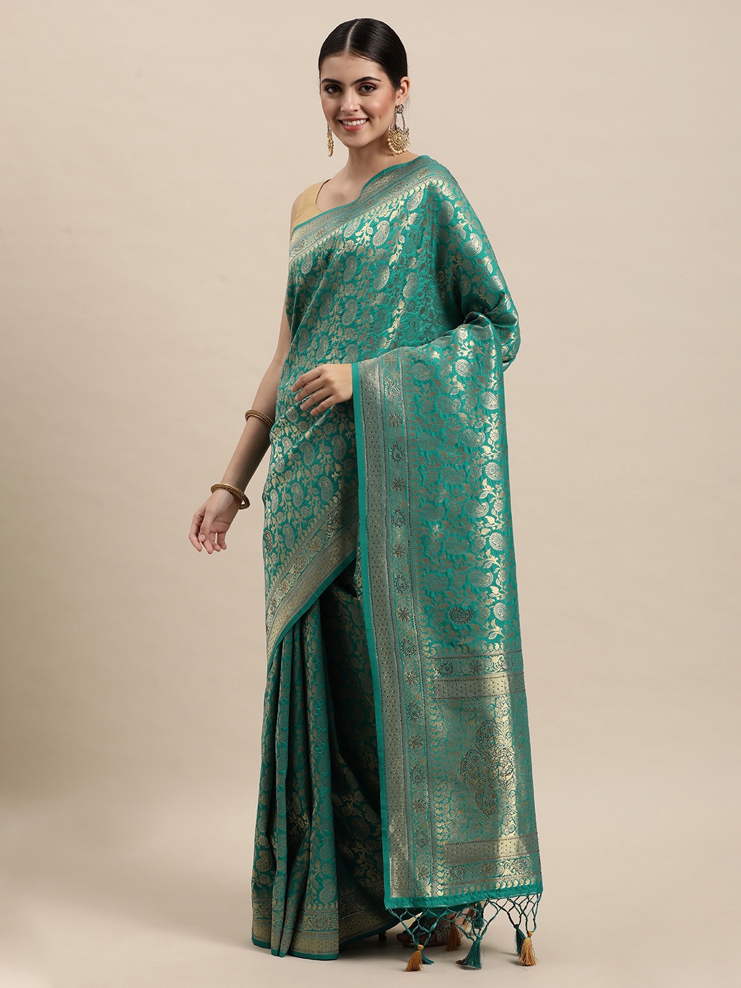 

MOHEY Teal Green & Golden Ethnic Motifs Woven Design Saree