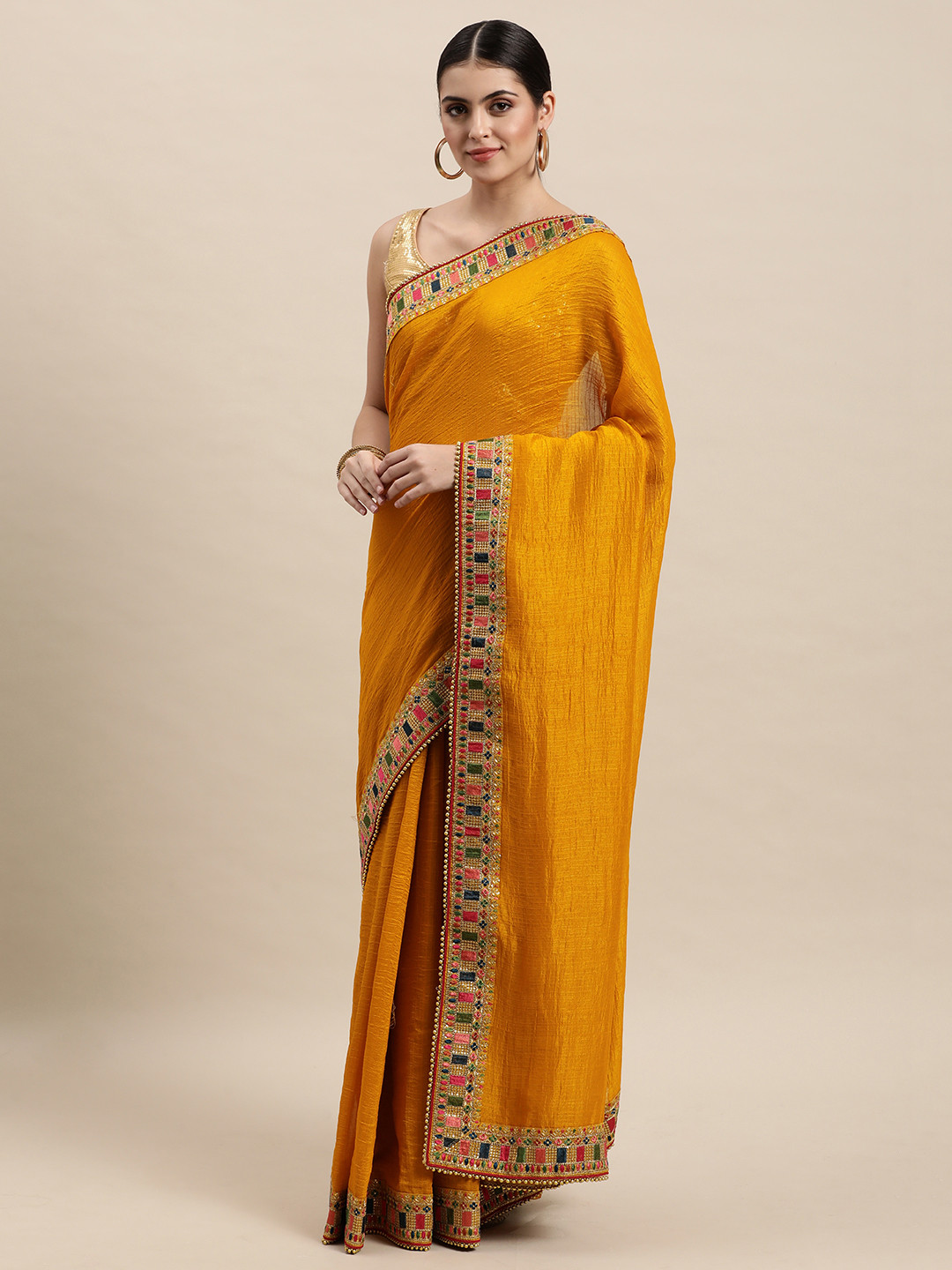 

MOHEY Mustard Yellow Solid Dupion Art Silk Saree