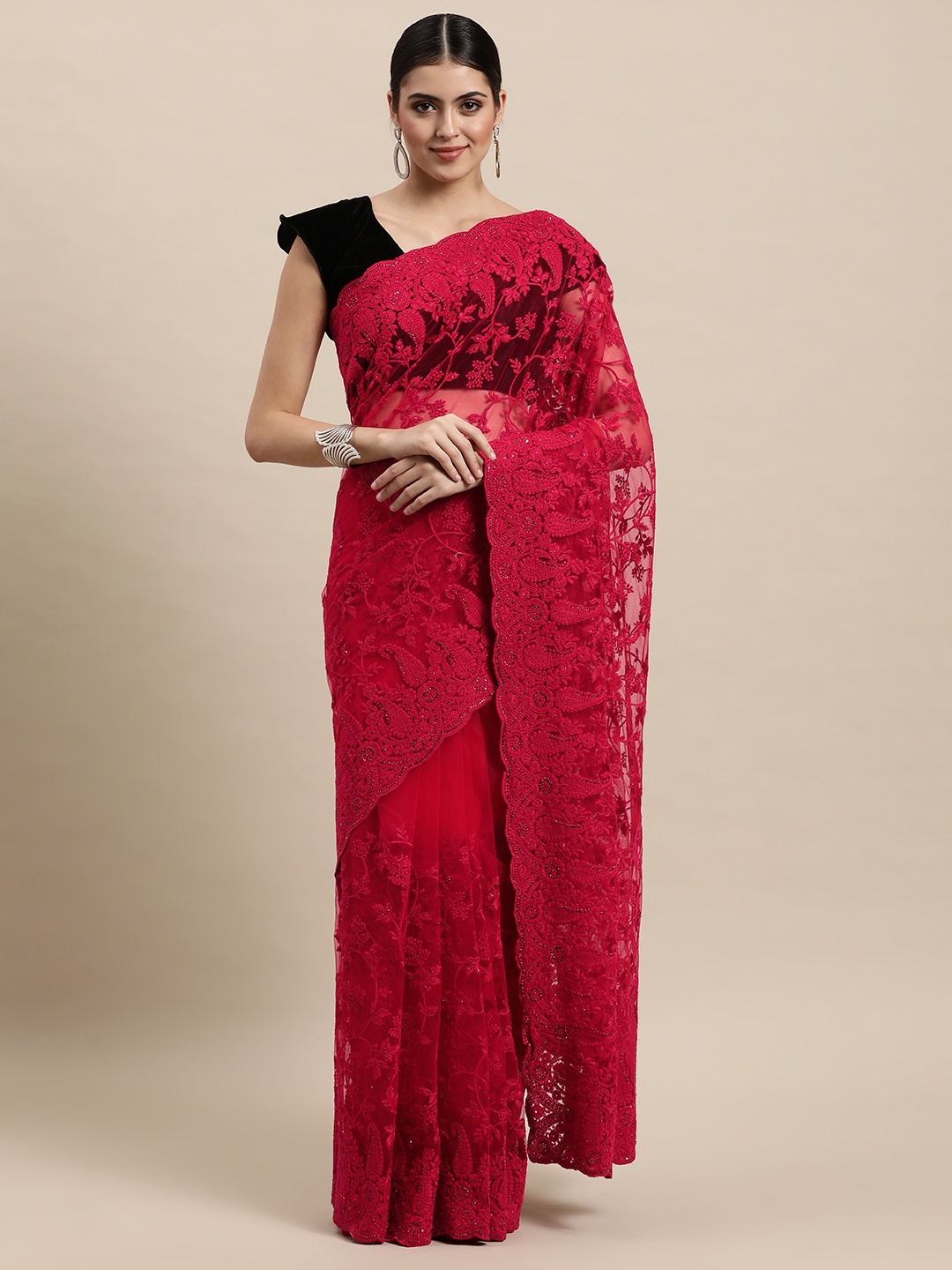 

MOHEY Pink Ethnic Motifs Sequinned Net Saree