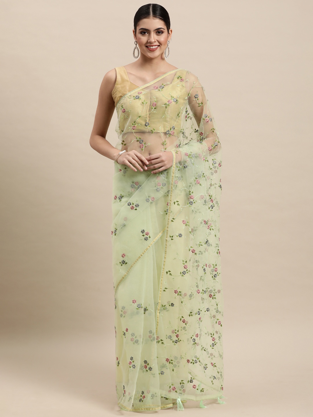 

MOHEY Green Floral Embroidered Organza Saree