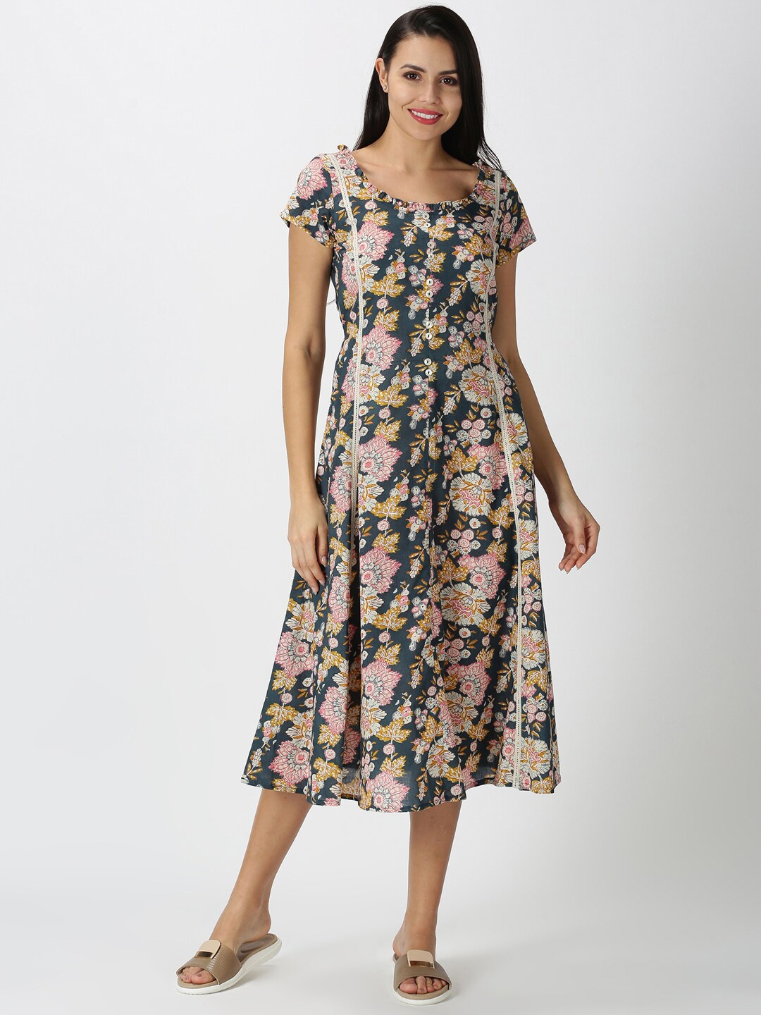 

Saffron Threads Charcoal Floral Ethnic A-Line Midi Dress