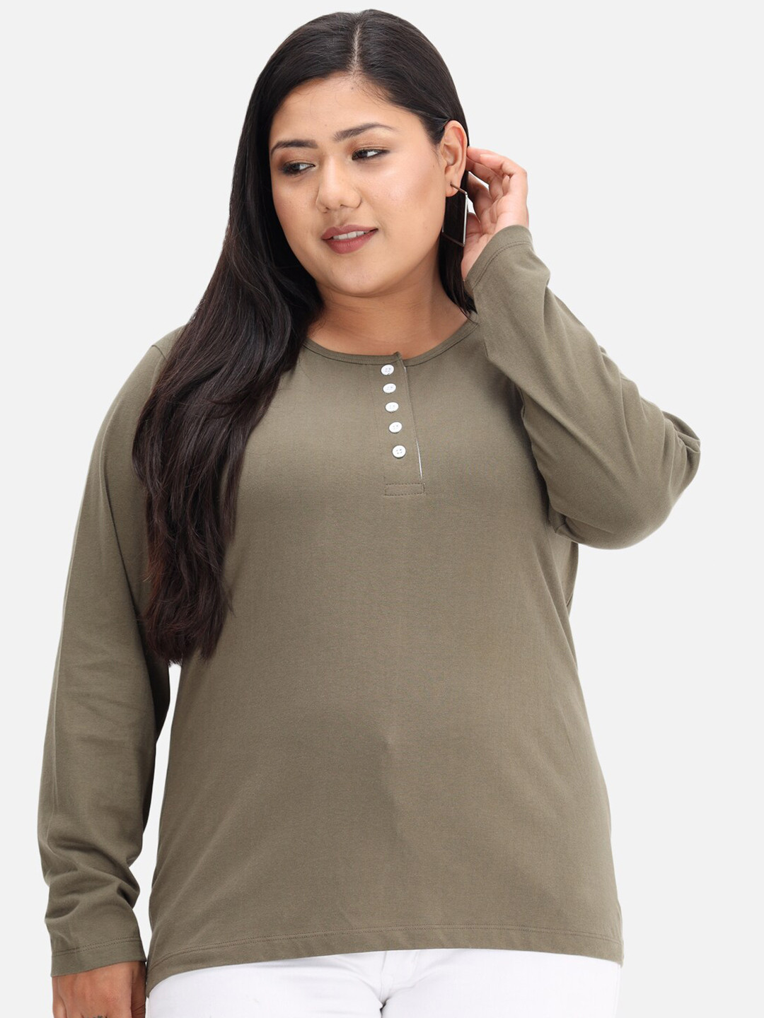 

BEYOUND SIZE - THE DRY STATE Women Olive Green & silver mink Henley Neck T-shirt