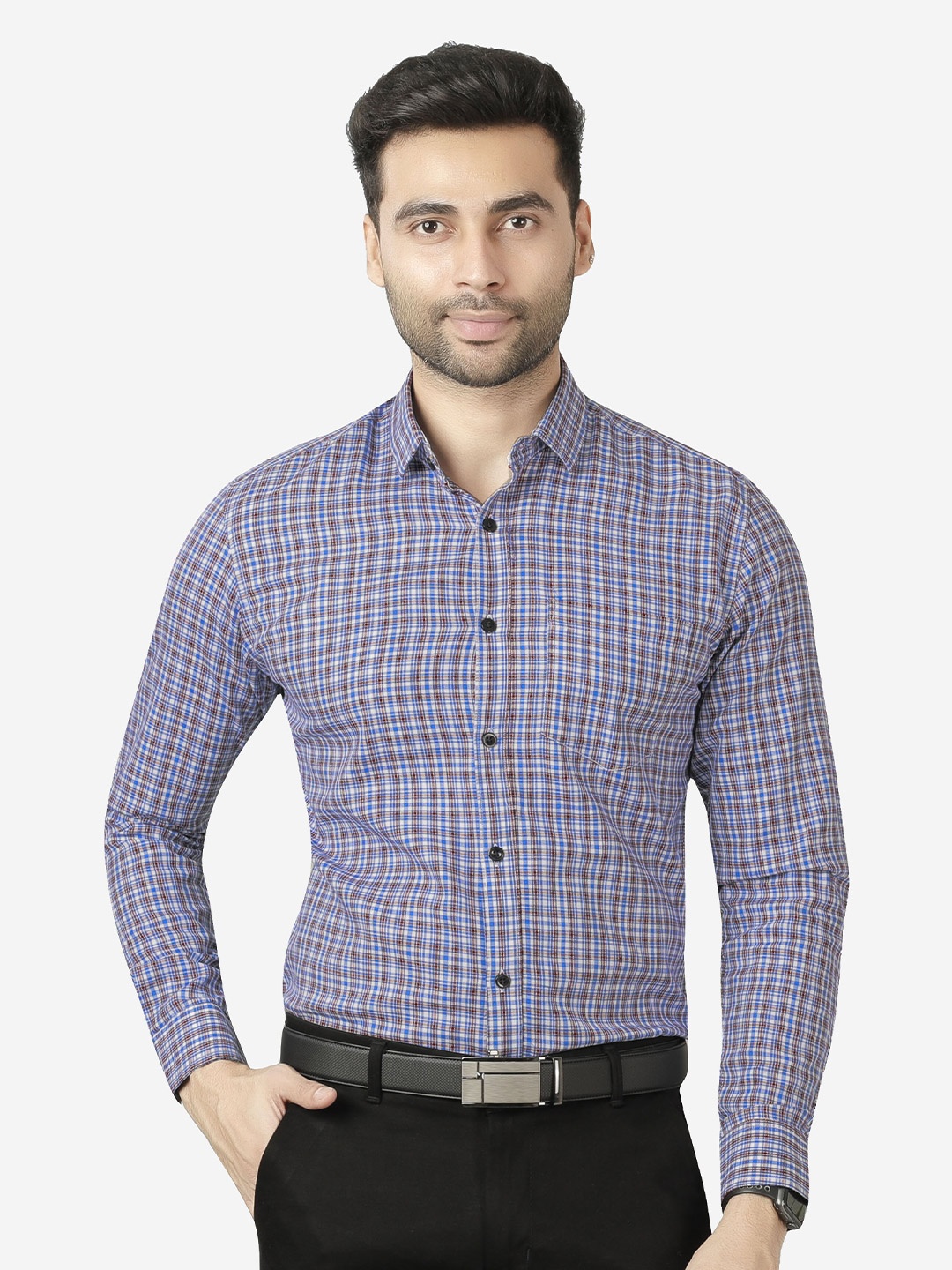 

5TH ANFOLD Men Blue Slim Fit Checked Formal Shirt