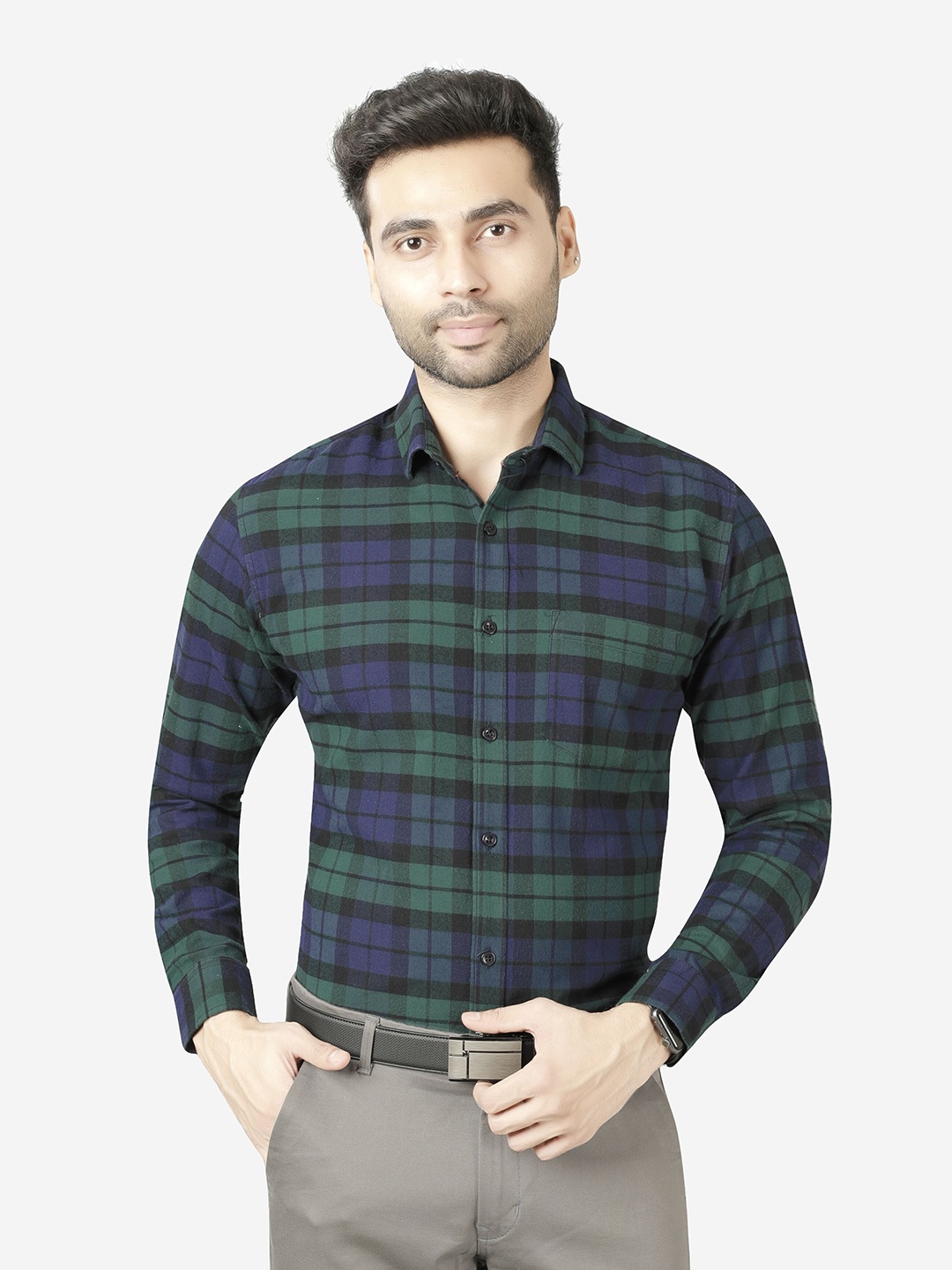 

5TH ANFOLD Men Green Slim Fit Tartan Checks Checked Formal Shirt