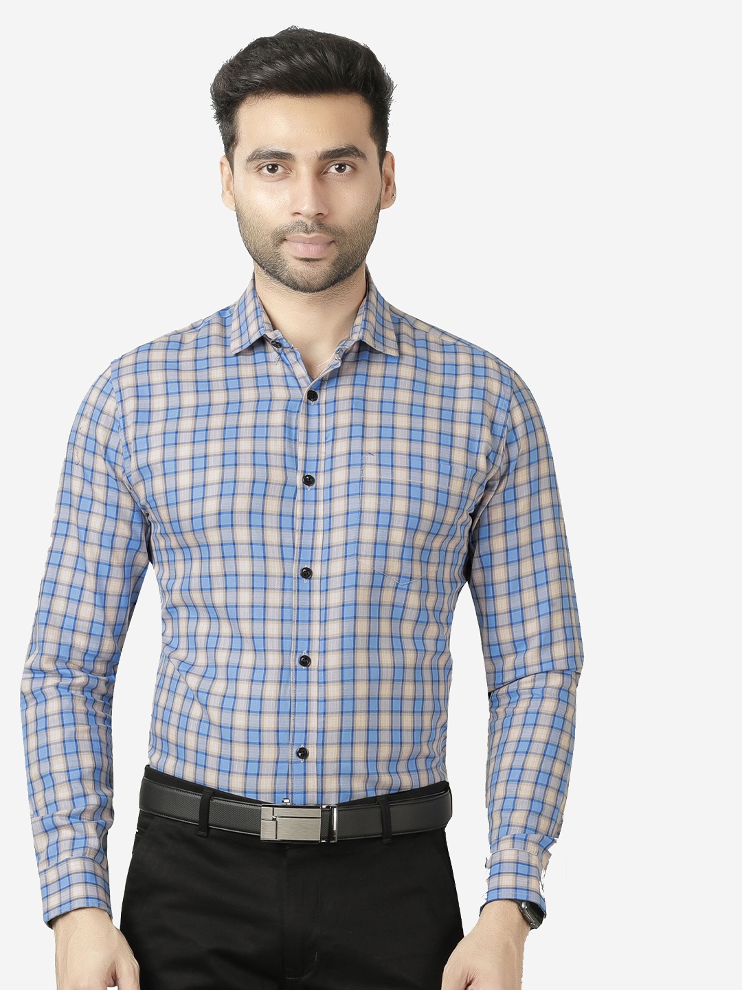 

5TH ANFOLD Men Blue Slim Fit Checked Formal Shirt