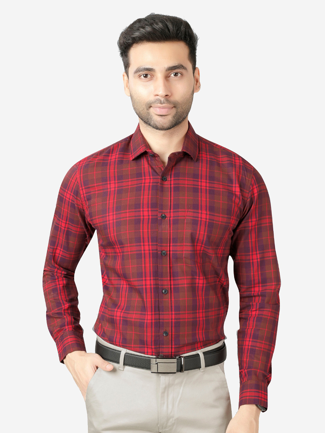 

5TH ANFOLD Men Red Slim Fit Tartan Checks Checked Formal Shirt