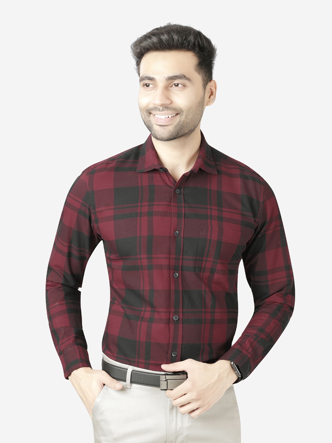 

5TH ANFOLD Men Red Slim Fit Tartan Checks Checked Formal Shirt