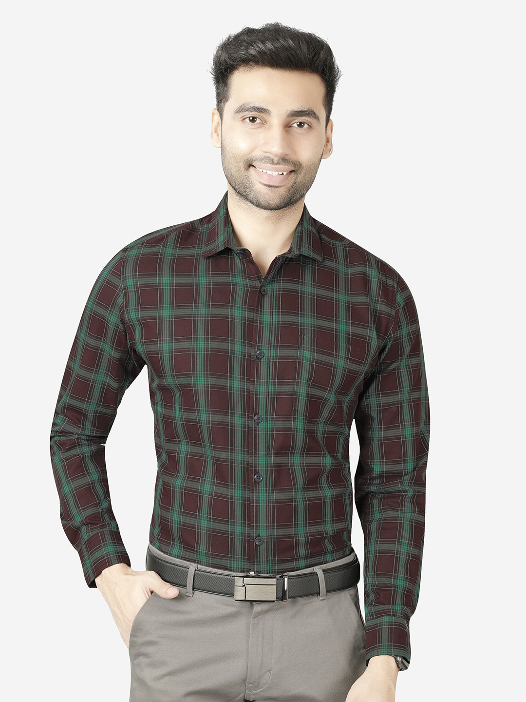 

5TH ANFOLD Men Green Slim Fit Checked Formal Shirt