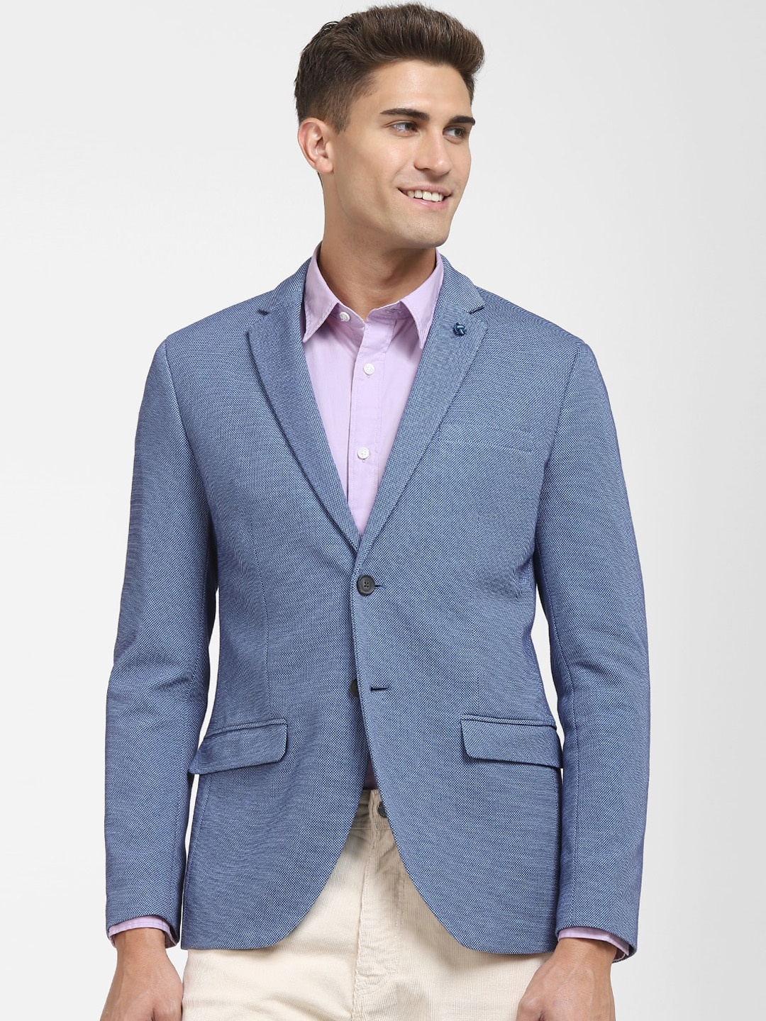 

SELECTED Men Blue Self-Design Slim-Fit Single-Breasted Formal Blazer