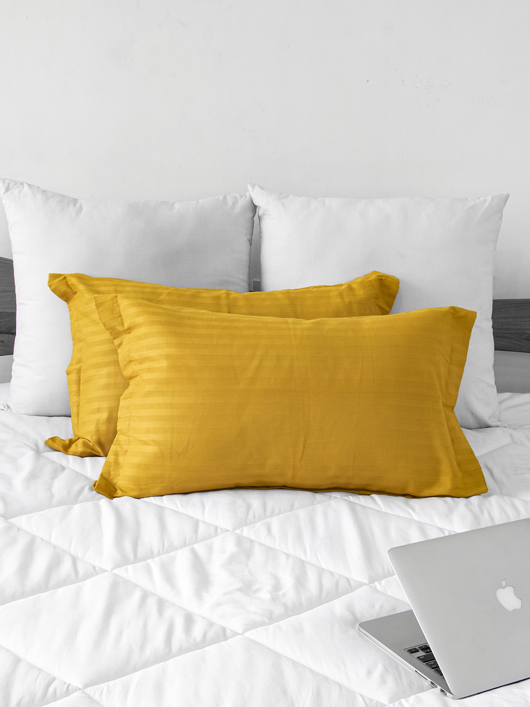 

Clasiko Set Of 2 Yellow Striped Cotton 250 TC Pillow Covers