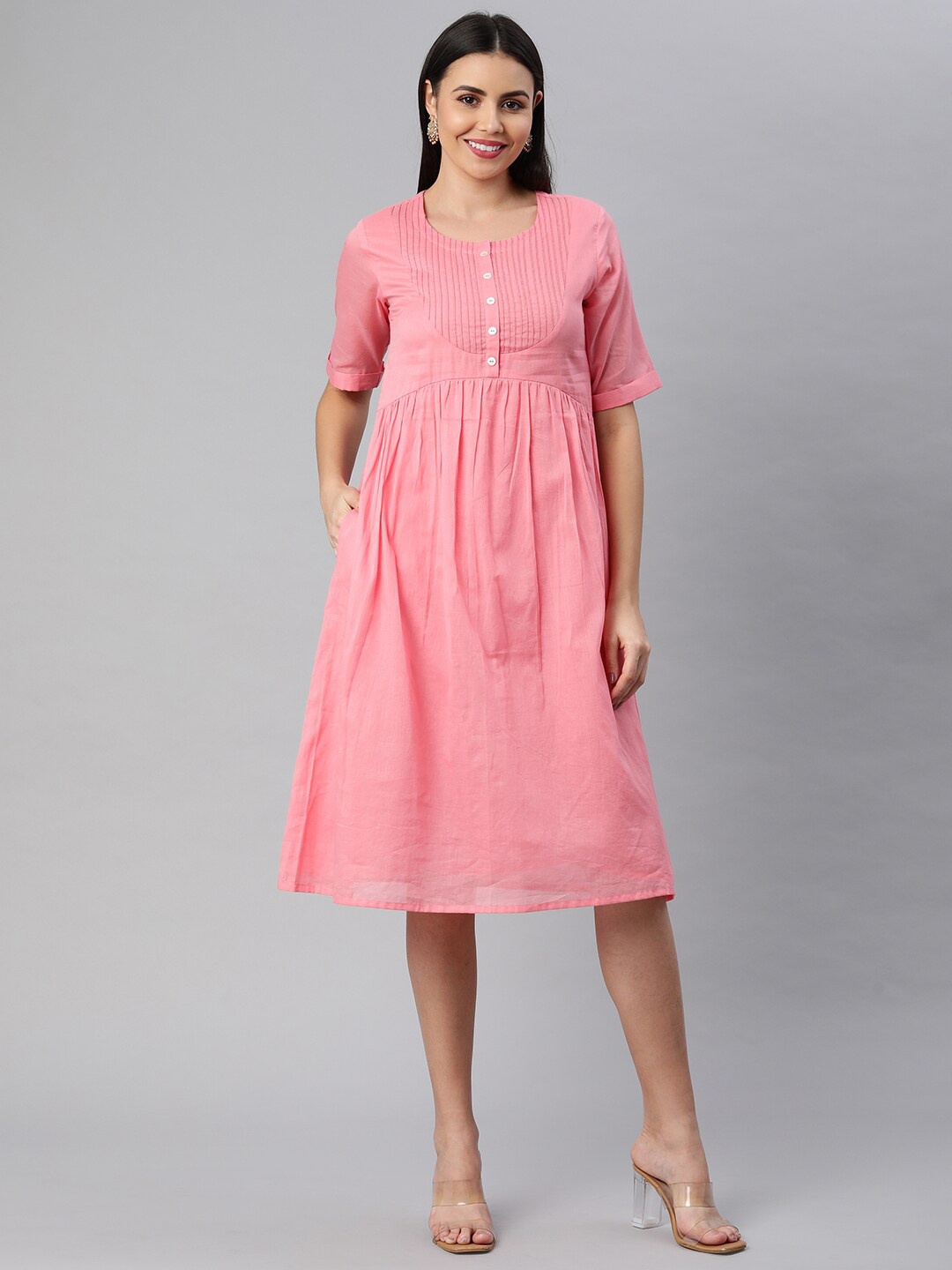

KAMI KUBI Pink & canteloupe Striped A-Line Dress