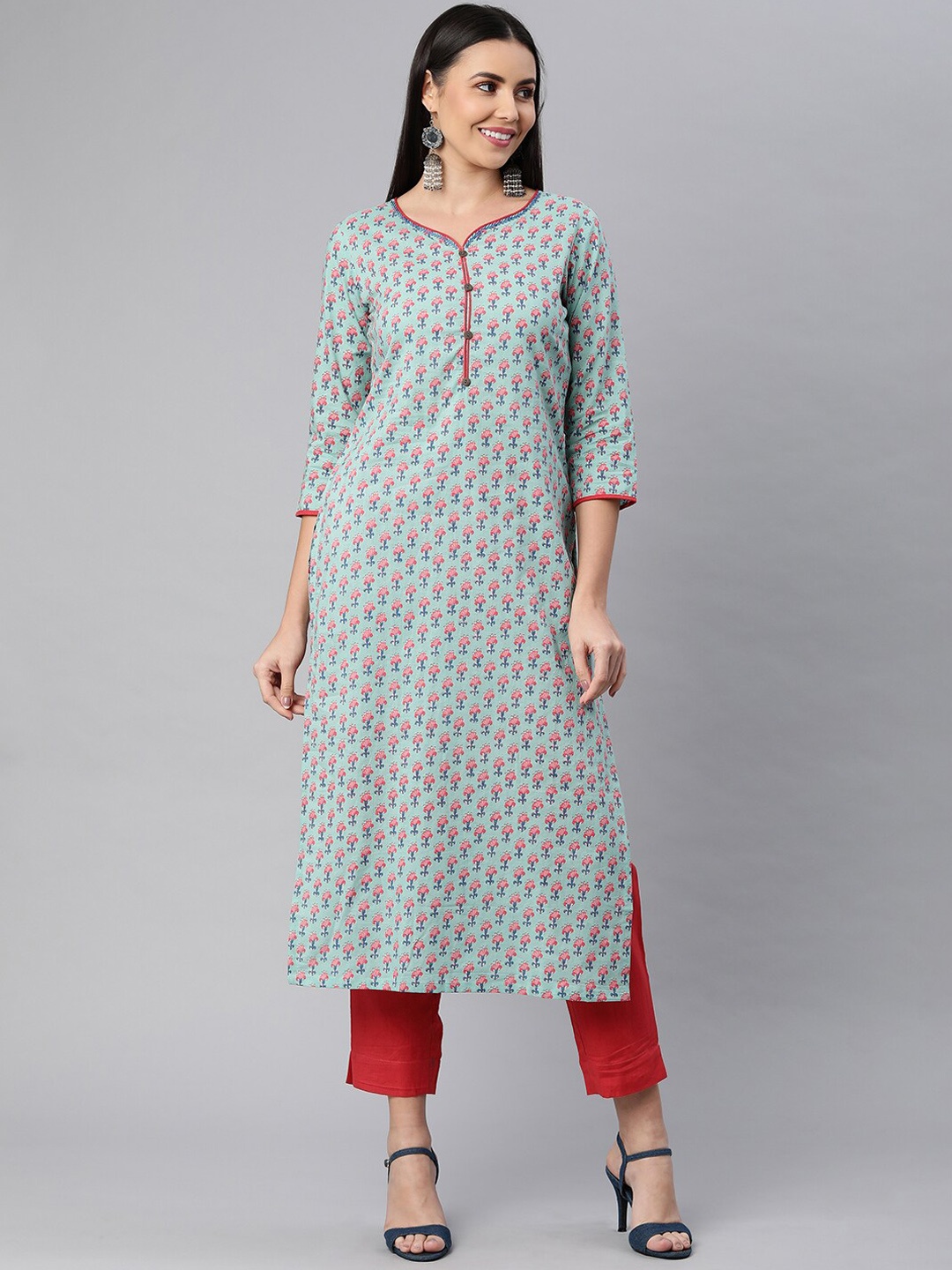 

KAMI KUBI Women Blue Ethnic Motifs Printed Pure Cotton Kurta with Trousers