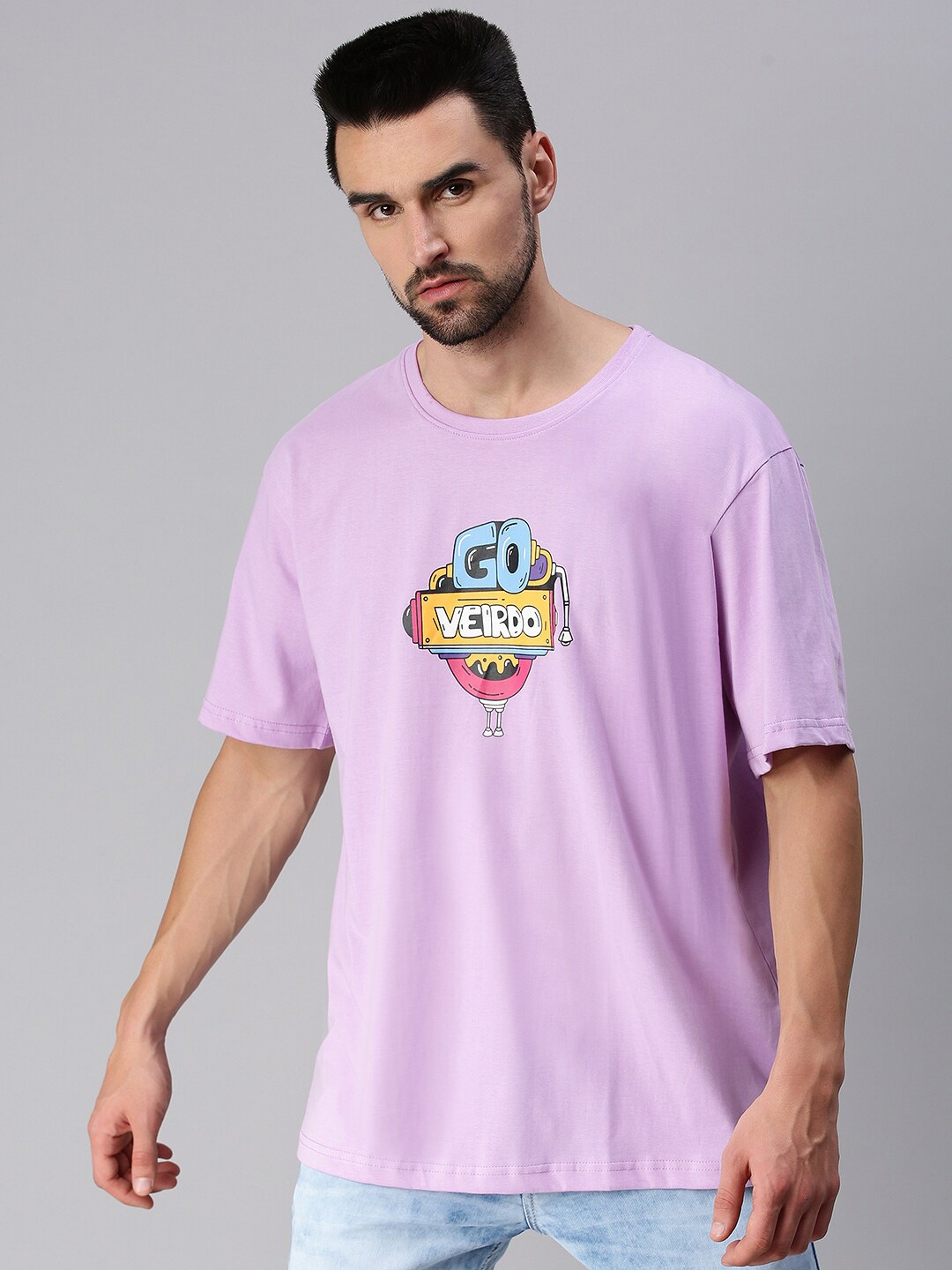 

VEIRDO Men Purple Printed Drop-Shoulder Sleeves Raw Edge Oversized T-shirt