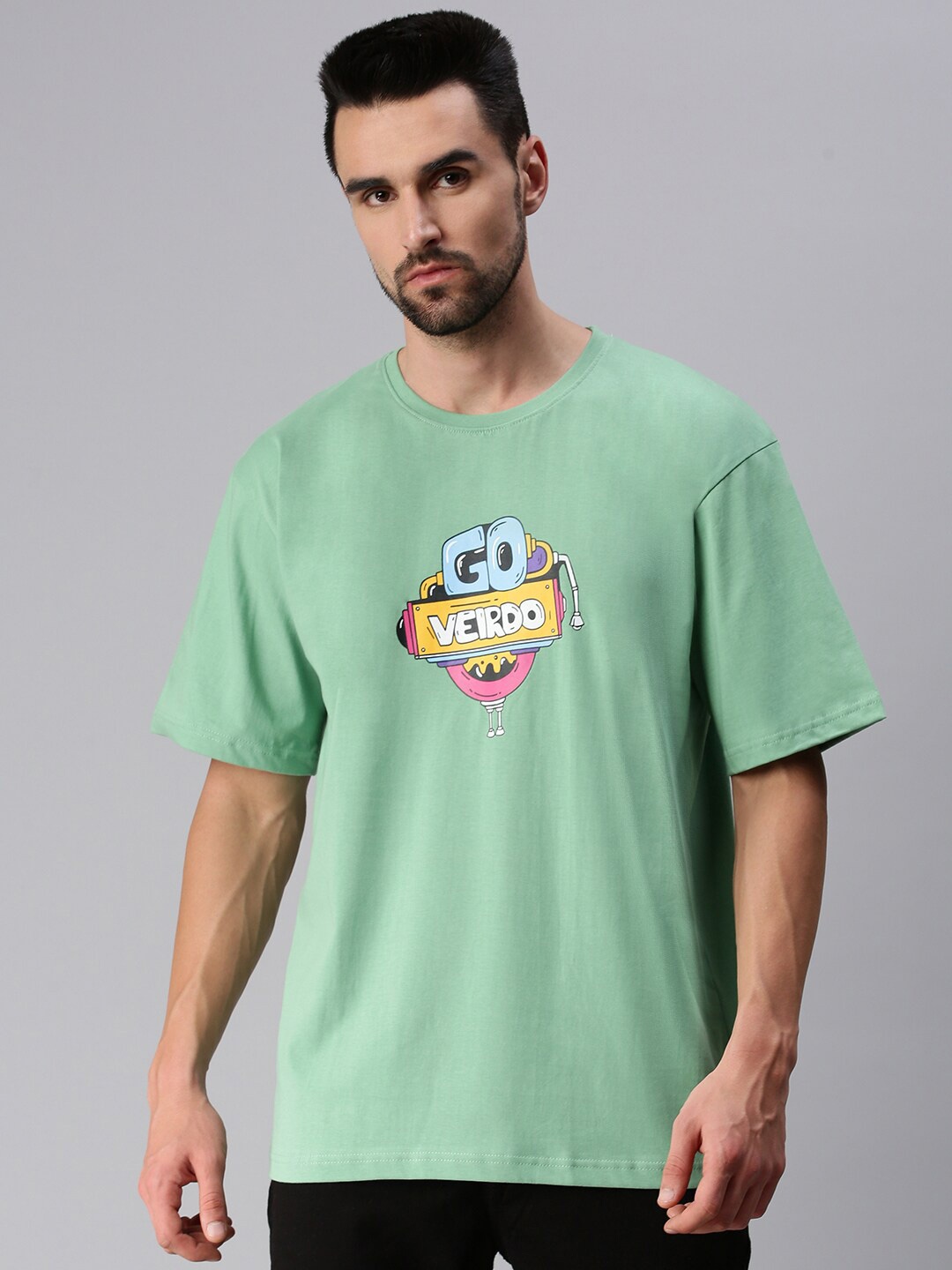 

VEIRDO Floral Printed Extended Sleeves Loose T-shirt, Sea green
