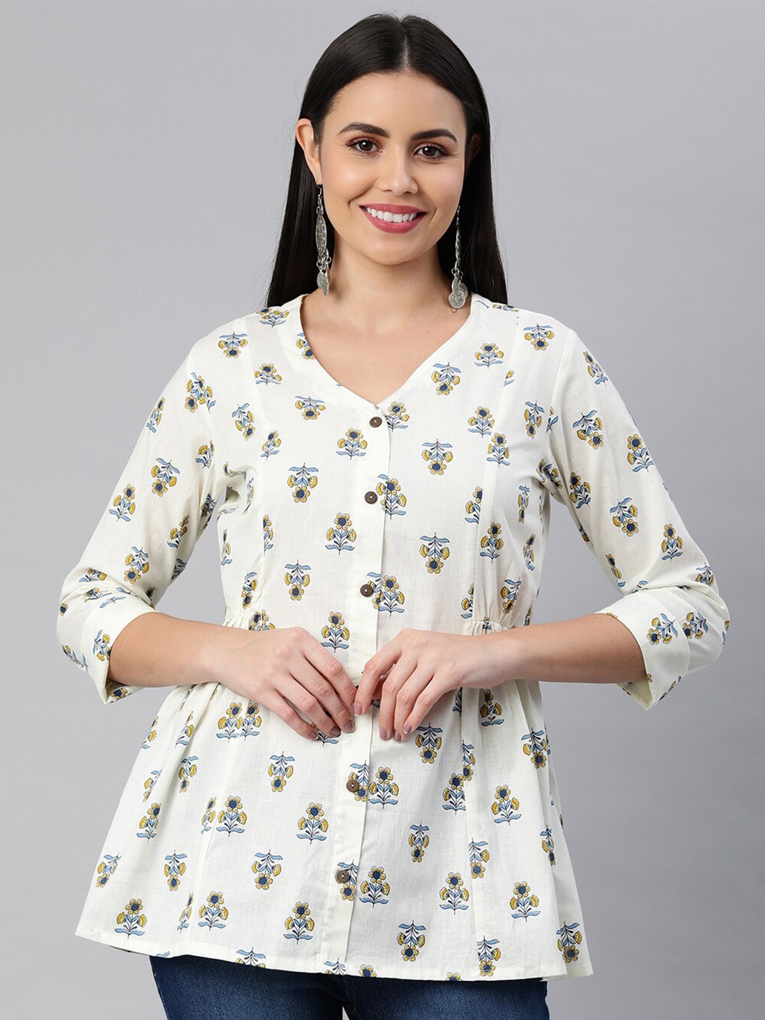 

KAMI KUBI White Floral Print Longline Top