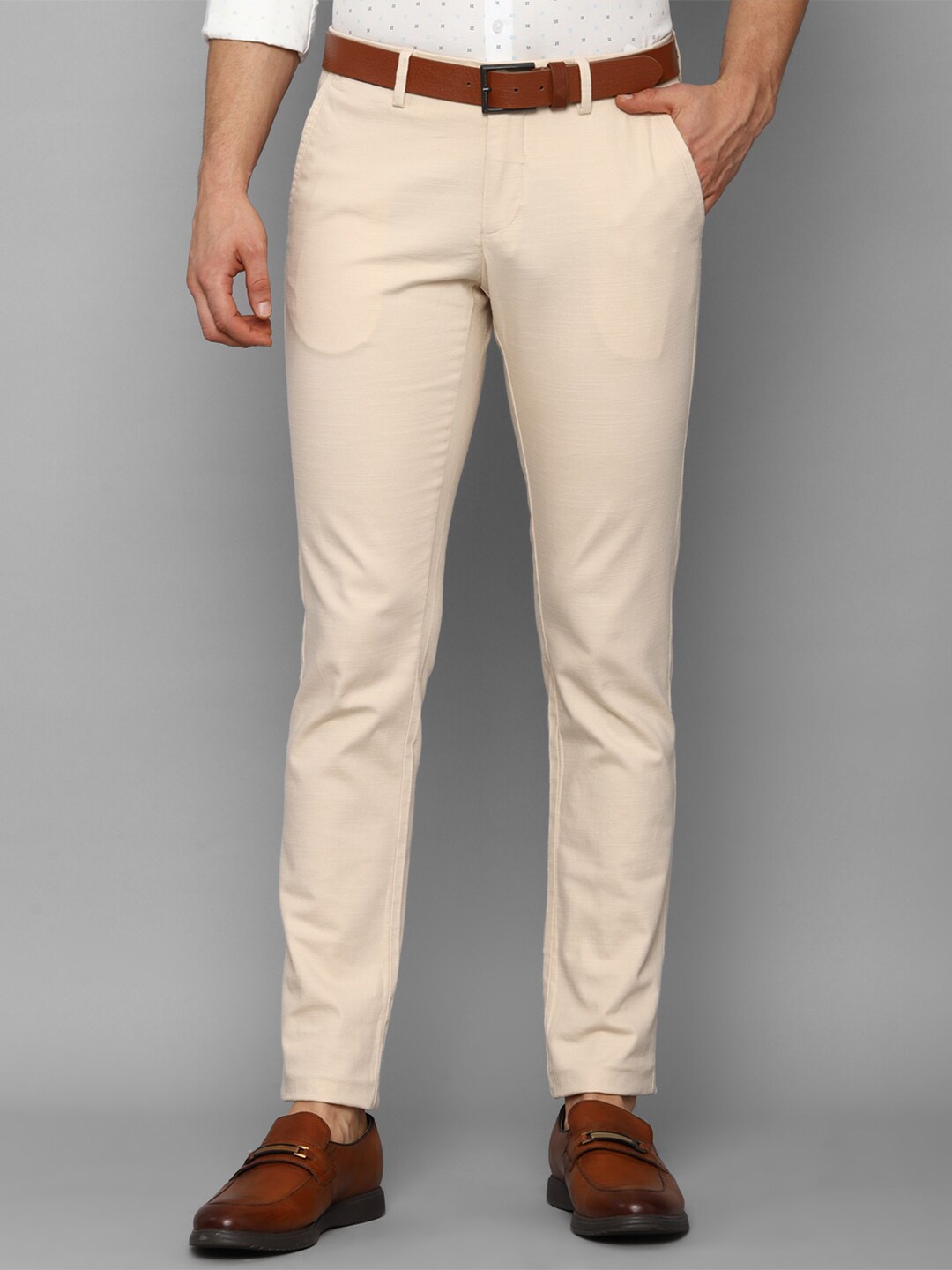 

Allen Solly Men Cream-Coloured Textured Slim Fit Trousers
