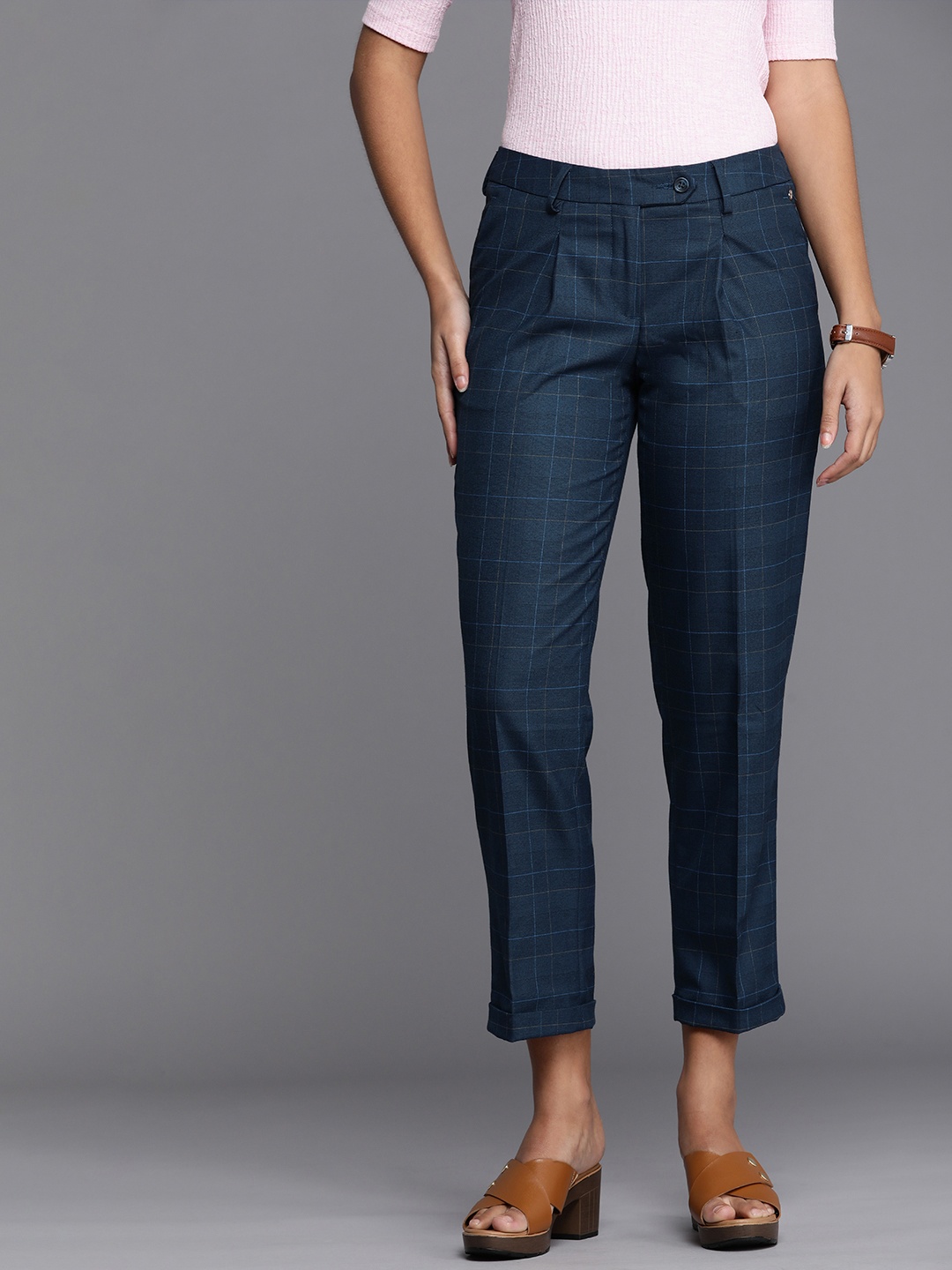 

Allen Solly Woman Navy Blue Checked Pleated Formal Trousers