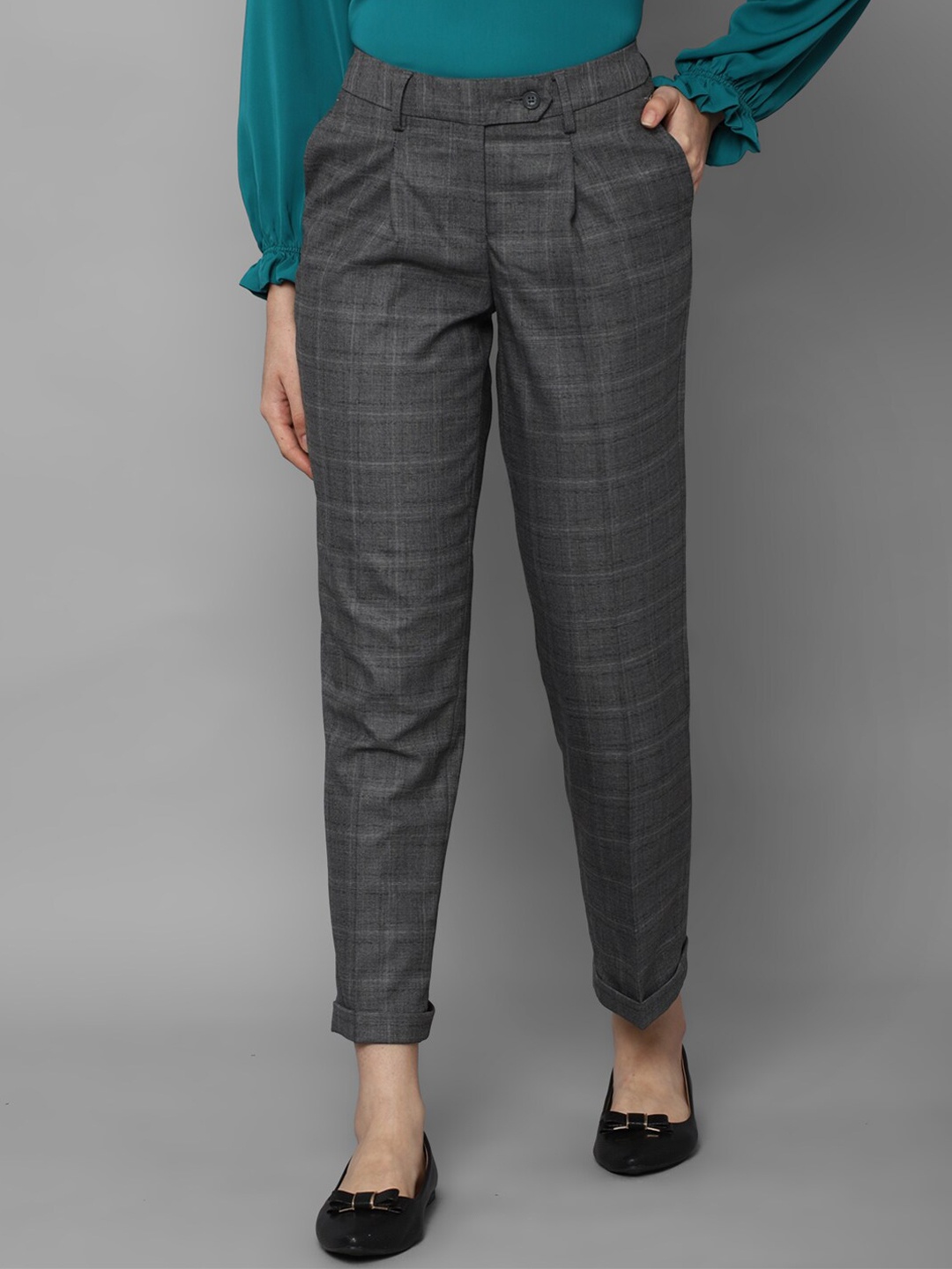 

Allen Solly Woman Grey Checked Pleated Formal Trousers
