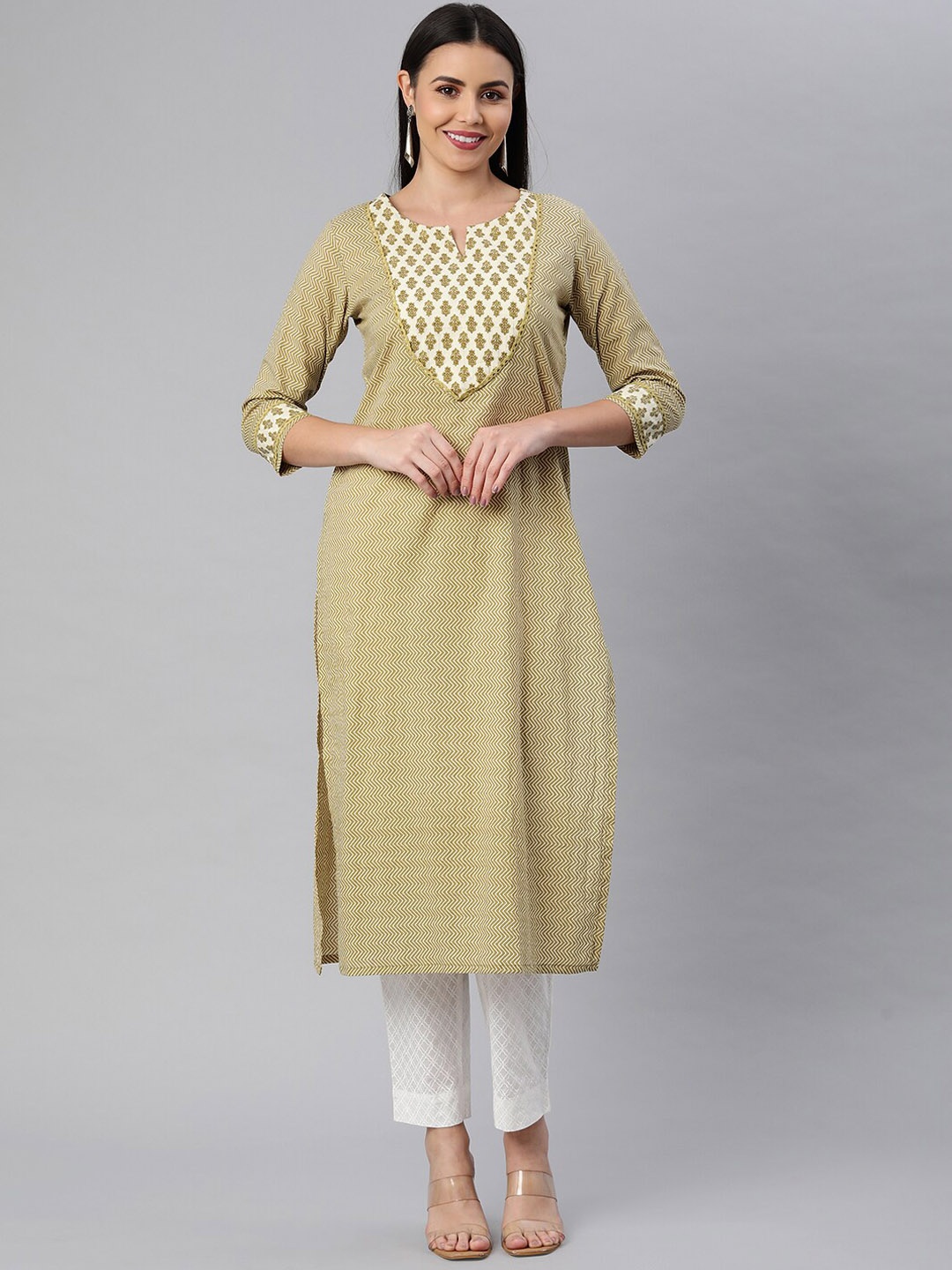 

KAMI KUBI Women Olive Green Ethnic Motifs Yoke Design Thread Work Kurta