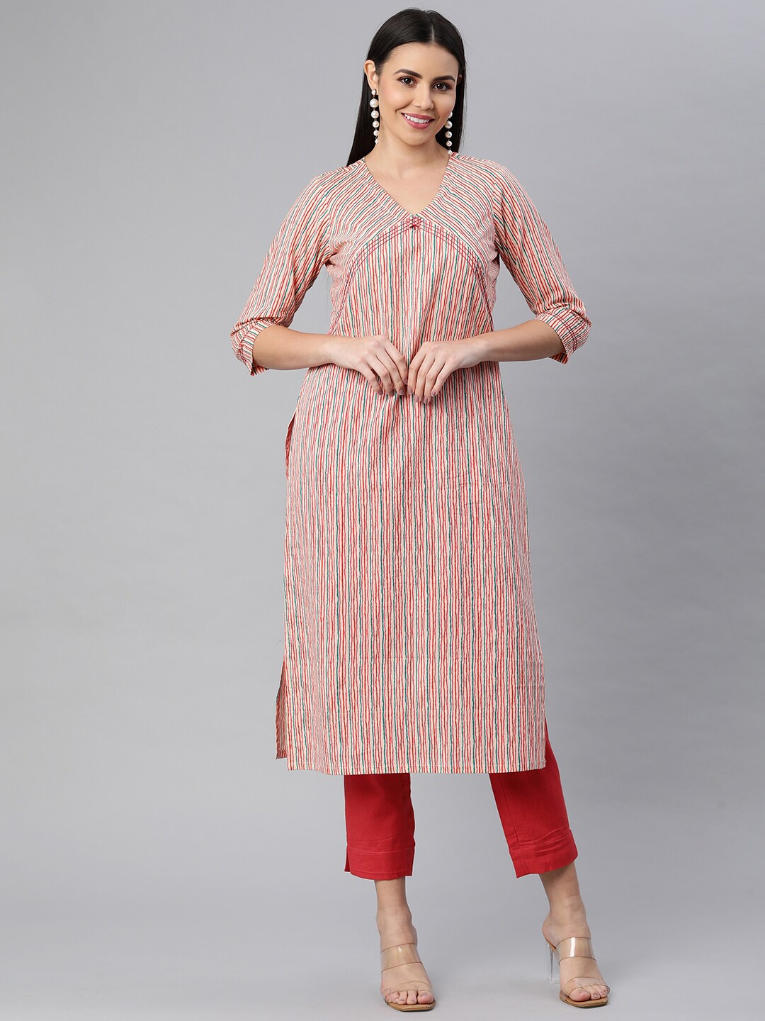 

KAMI KUBI Women Beige Striped Flared Sleeves Gotta Patti Kurta