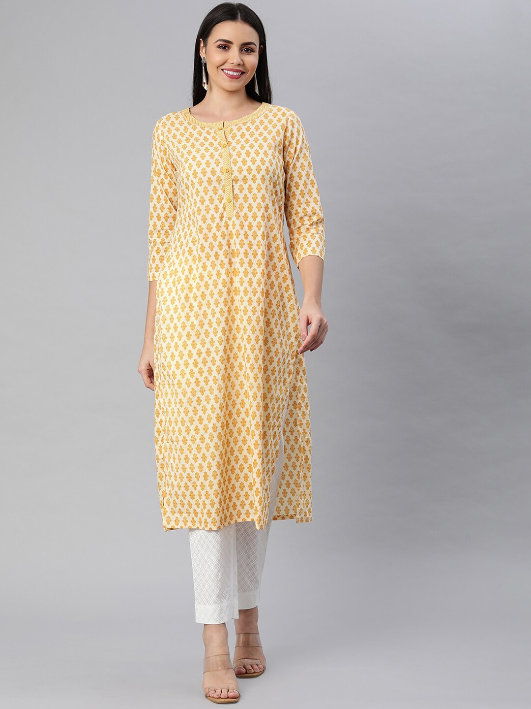 

KAMI KUBI Women Yellow Geometric Printed Keyhole Neck Thread Work Pathani Kurta