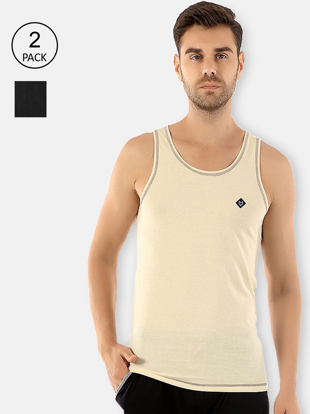 

Almo Wear Men Pack of 2 Black & Beige Solid Cotton Basic Vest