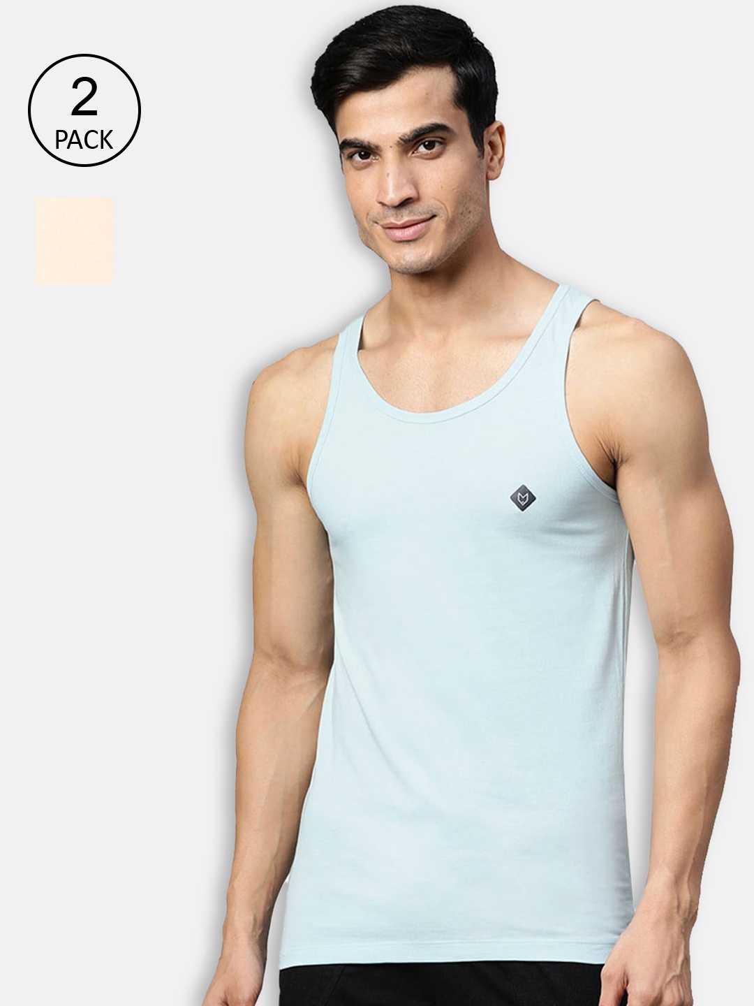 

Almo Wear Men Set of 2 Turquoise Blue & Tan-Coloured Solid Cotton Innerwear Vests