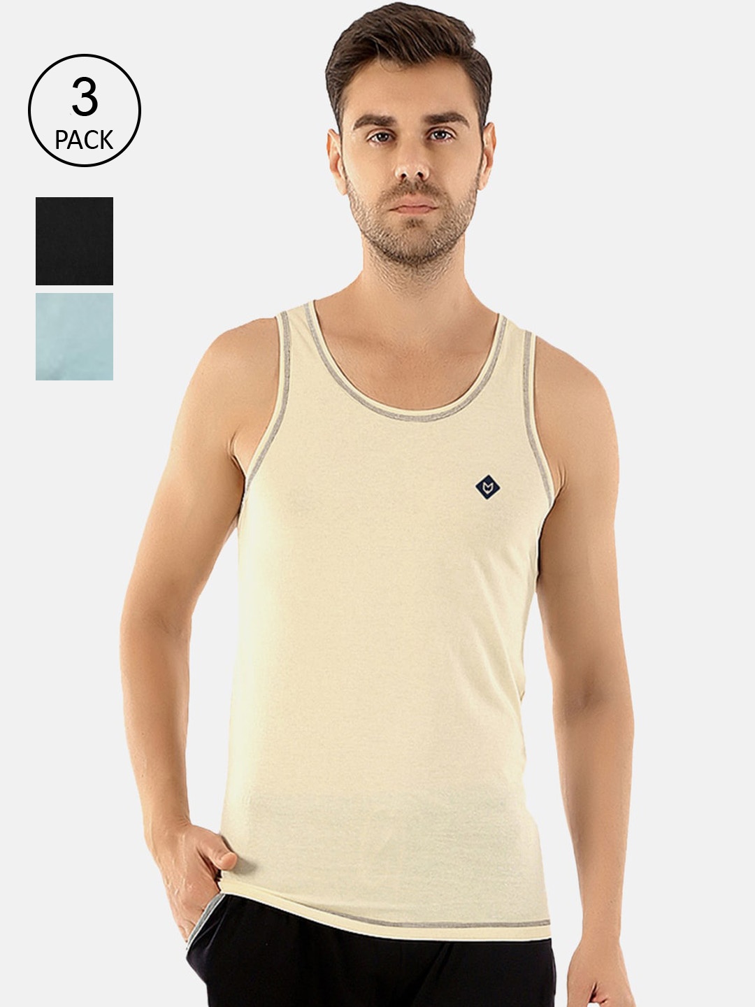

Almo Wear Men Pack of 3 Blue & Black Solid Cotton Basic Vest