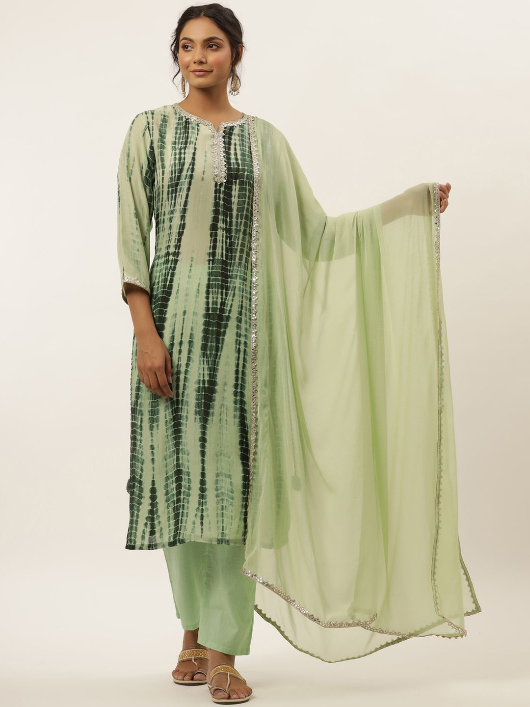 

HOUSE OF JAMOTI Women Green Striped Panelled Kurti with Trousers & With Dupatta