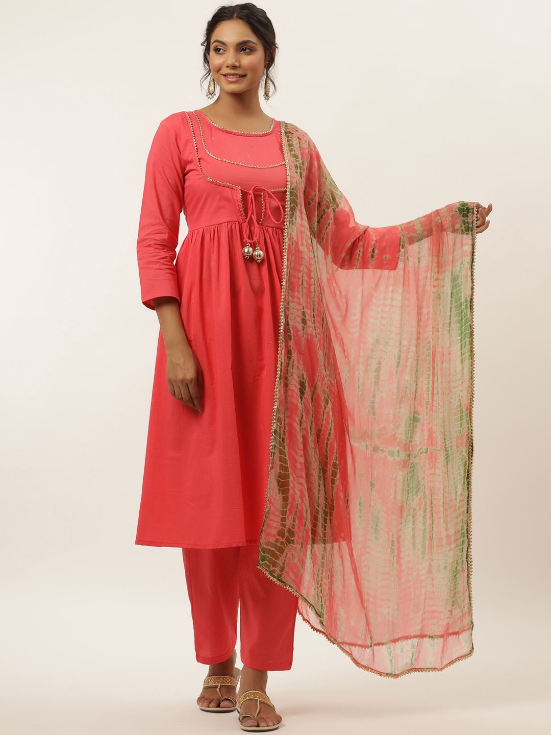 

HOUSE OF JAMOTI Women Rust Layered Pure Cotton Kurti with Trousers & With Dupatta