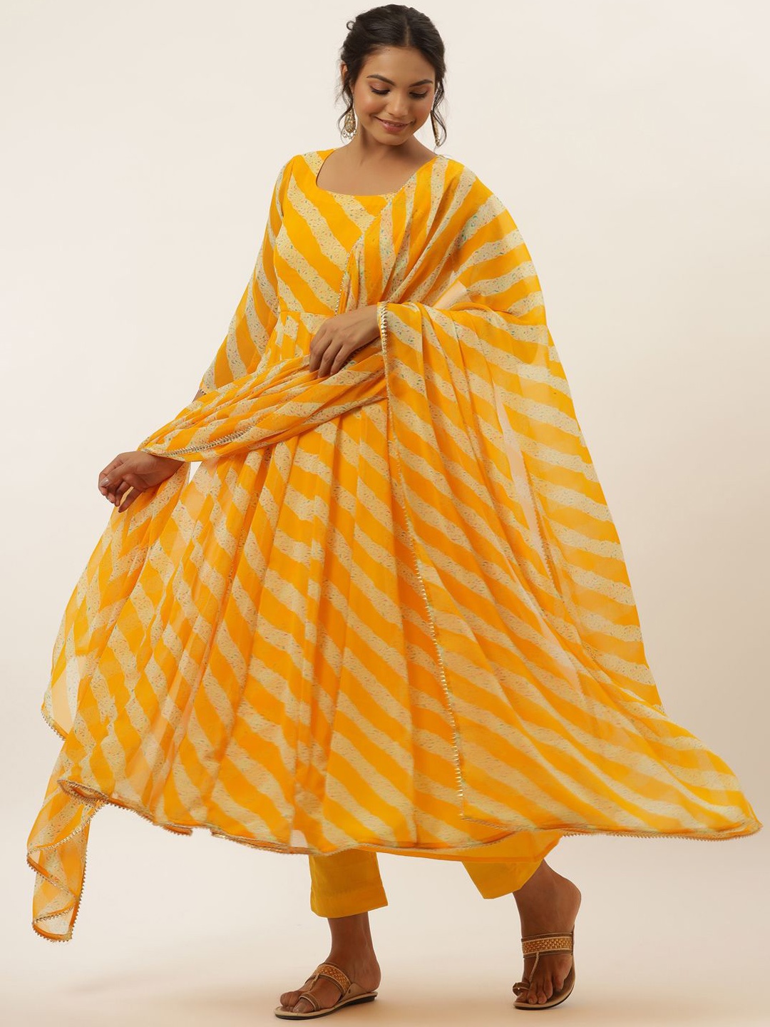 

HOUSE OF JAMOTI Women Yellow Striped Angrakha Kurti with Trousers & With Dupatta