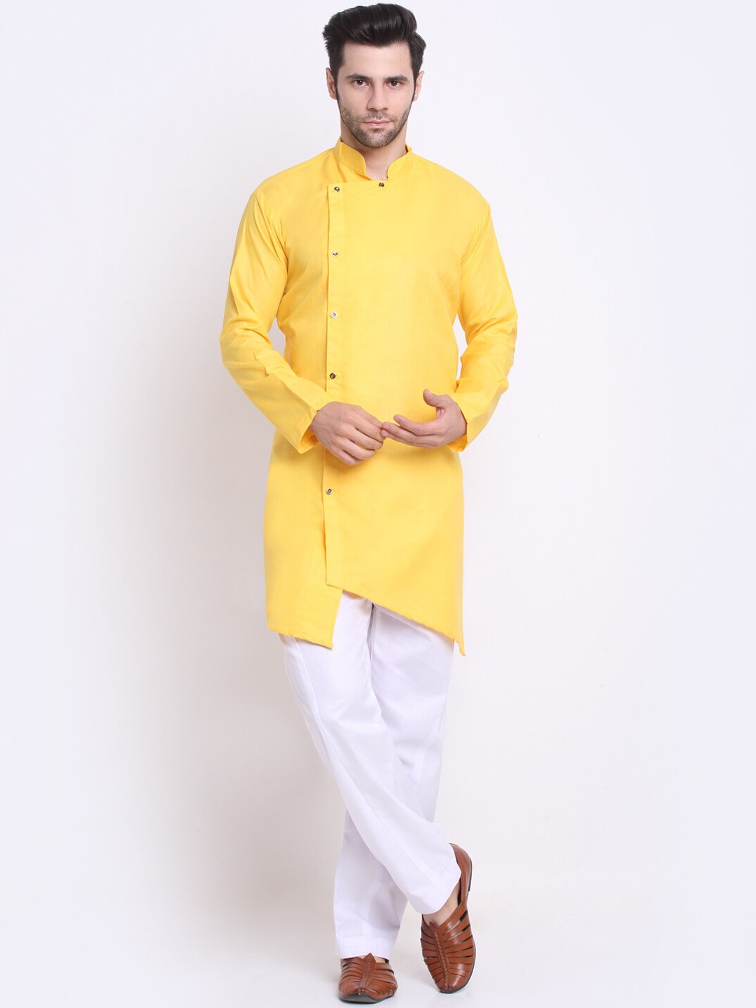 

Benstoke Men Yellow Angrakha Kurta with Pyjamas