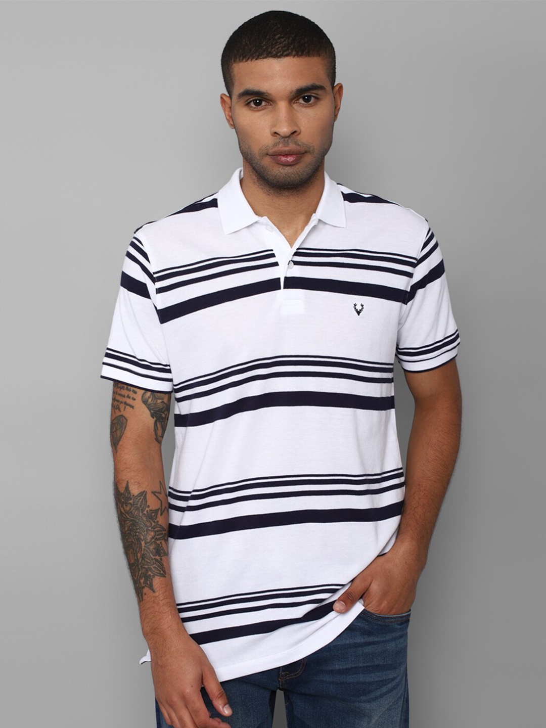 

Allen Solly Men White & bright gray Striped Polo Collar T-shirt