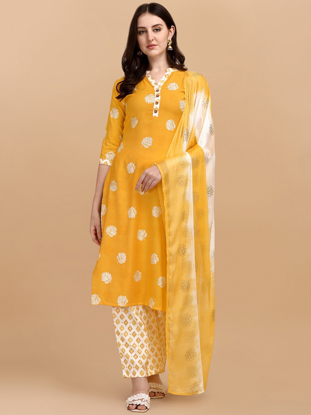 

MOKOSH Women Yellow Embroidered Panelled Kurti with Palazzos & With Dupatta