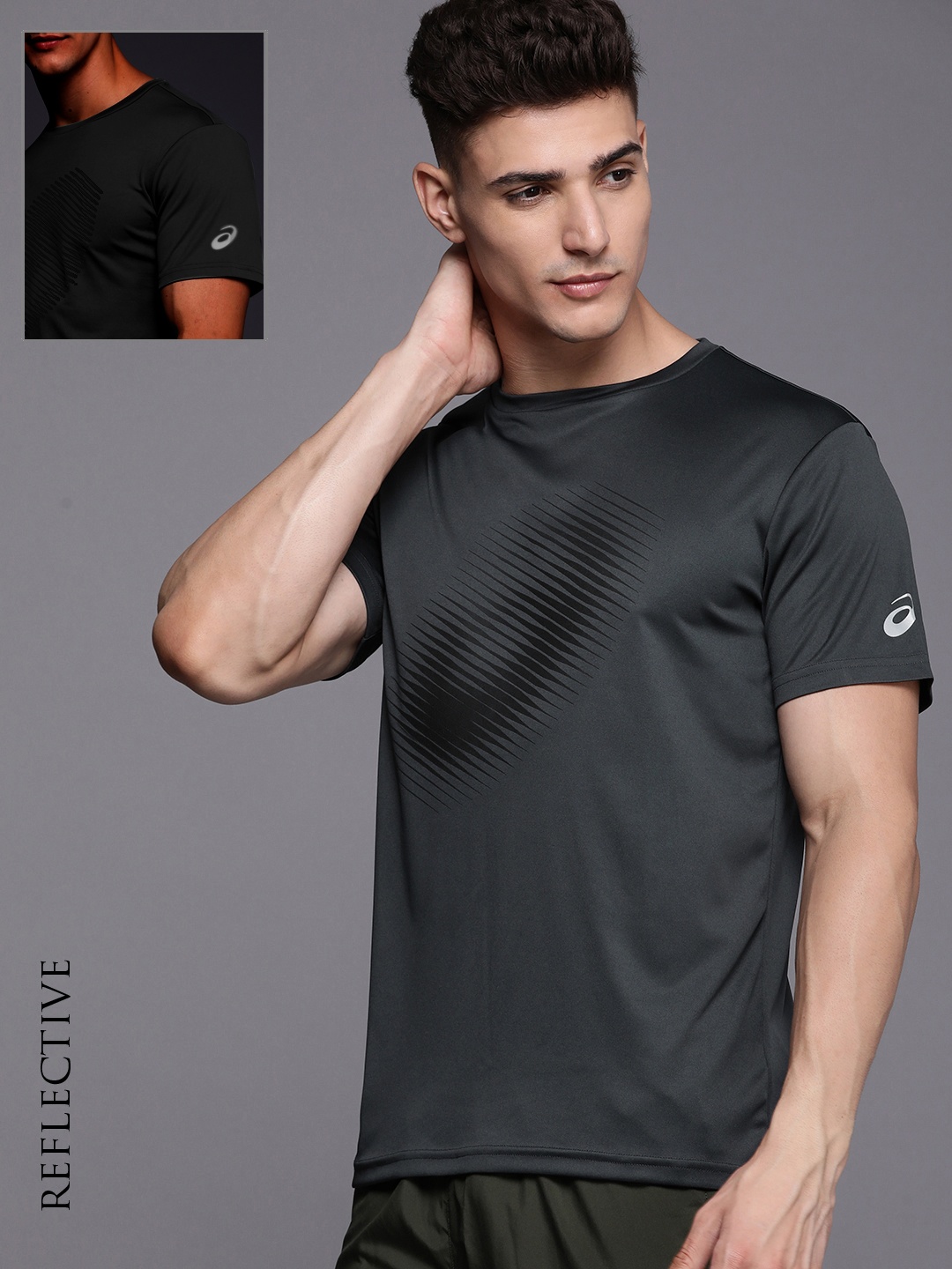 

ASICS Brand Logo Printed Reflective T-shirt, Charcoal