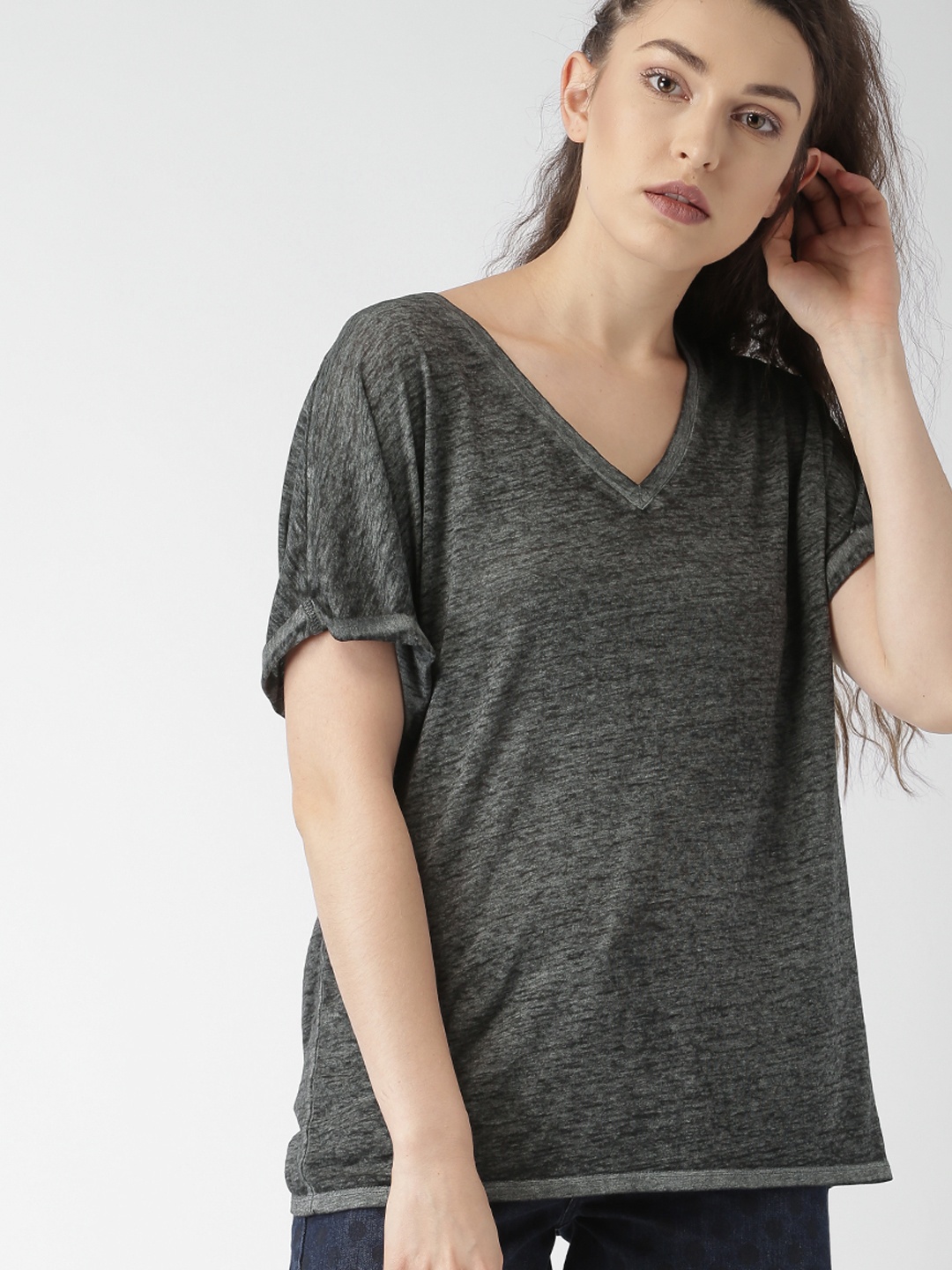 

FOREVER 21 Women Charcoal Grey Solid Top