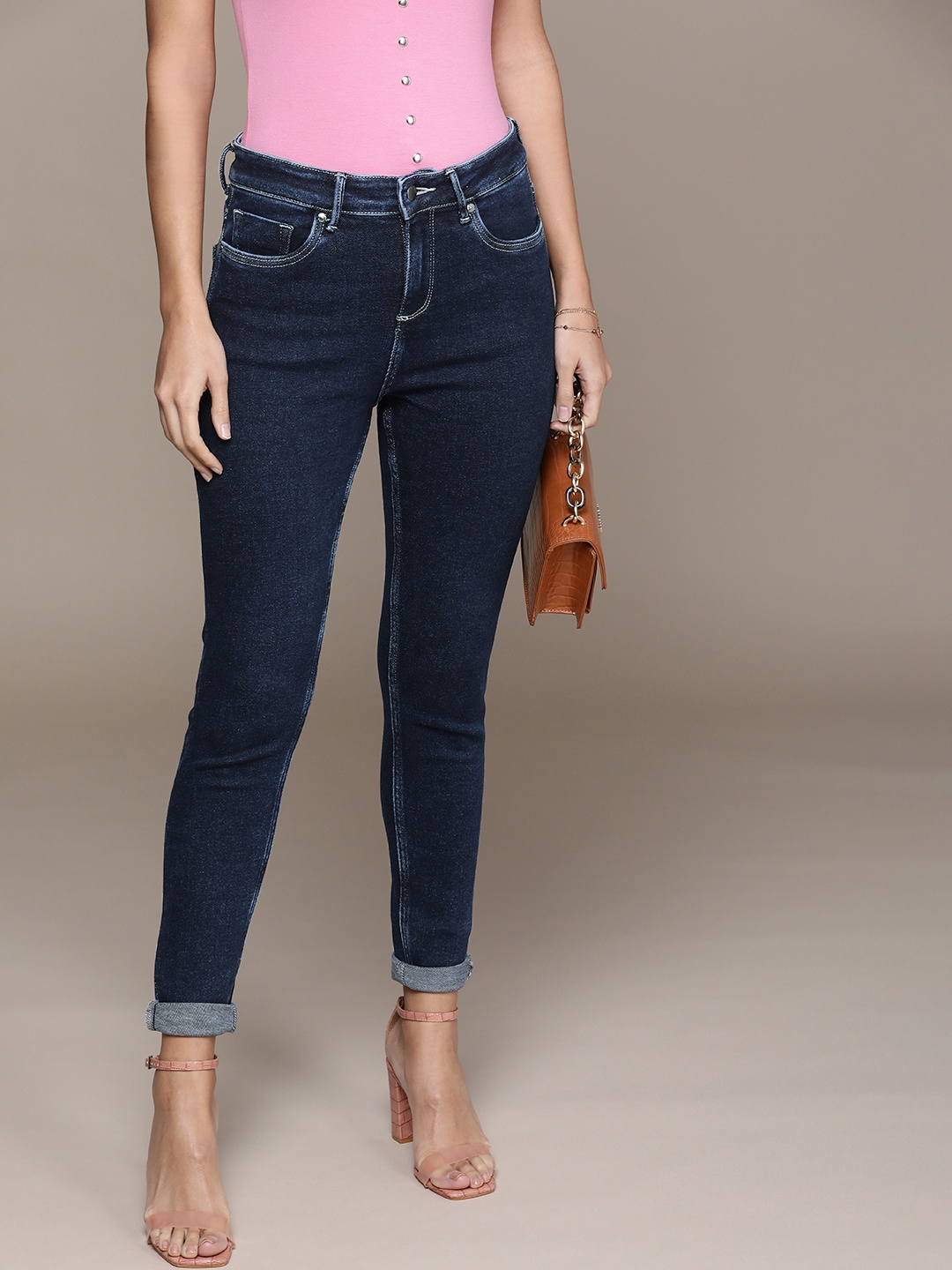 

bebe Women Navy Blue Super Skinny Fit High-Rise Clean Look Light Fade Stretchable Jeans