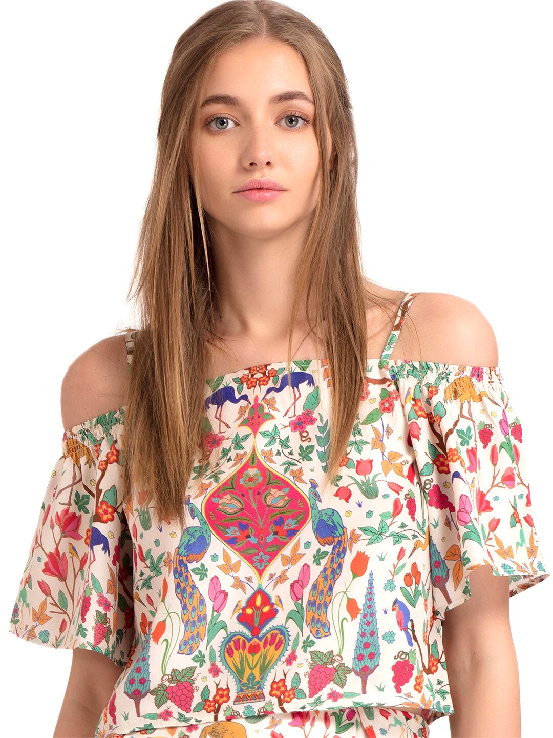 

SHAYE Cream-Coloured & Red Floral Print Off-Shoulder Bardot Top