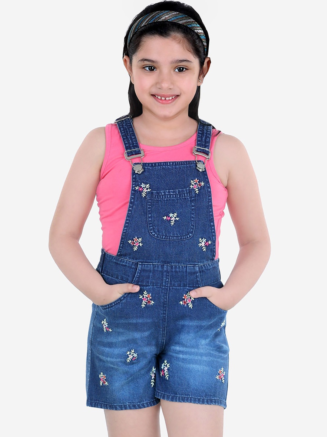 

Naughty Ninos Kids Girls Blue & Pink Printed Cotton Dungarees