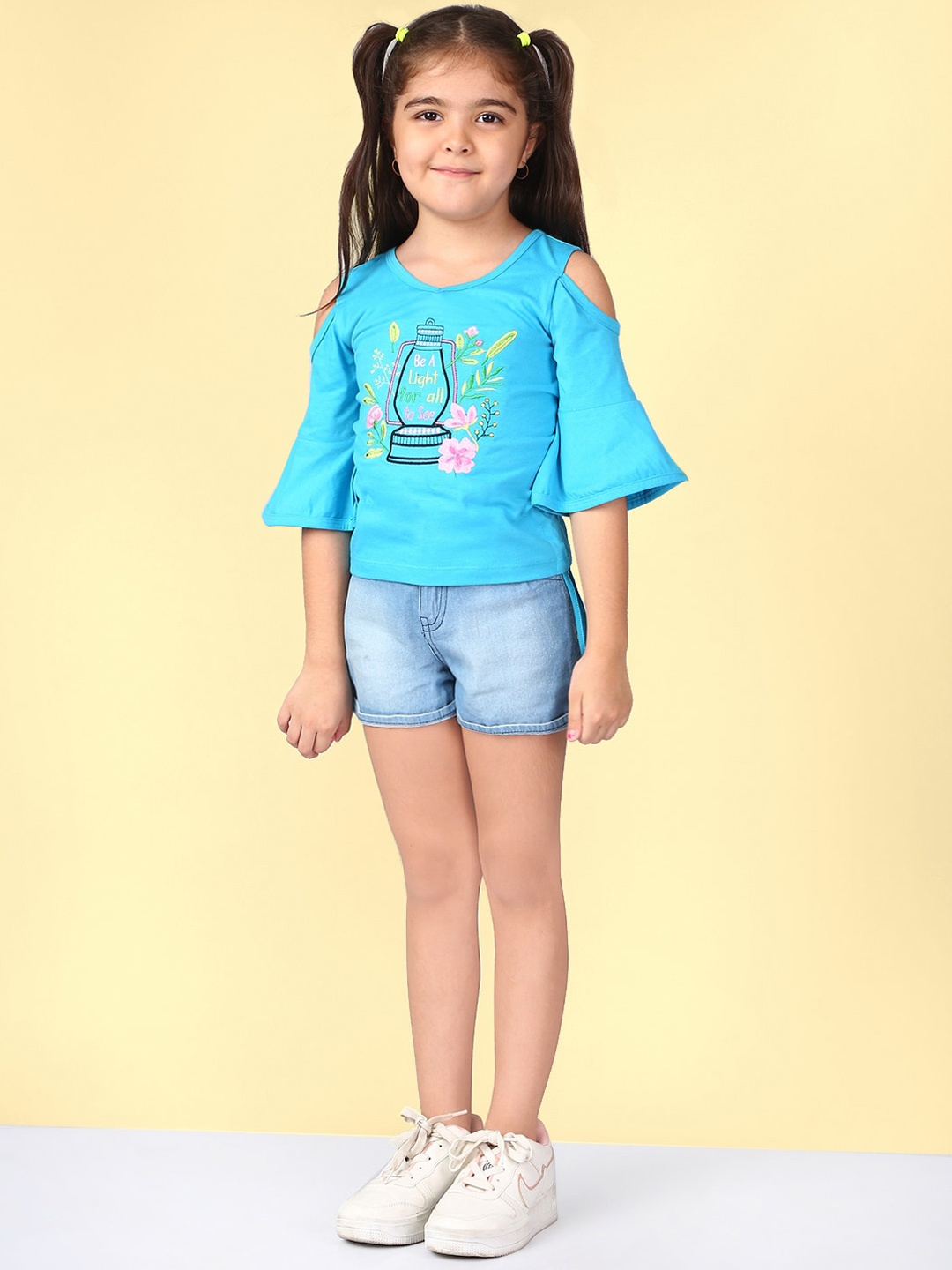 

Naughty Ninos Girls Turquoise Blue & Pink Off Shoulder Bell Sleeves Top with Shorts