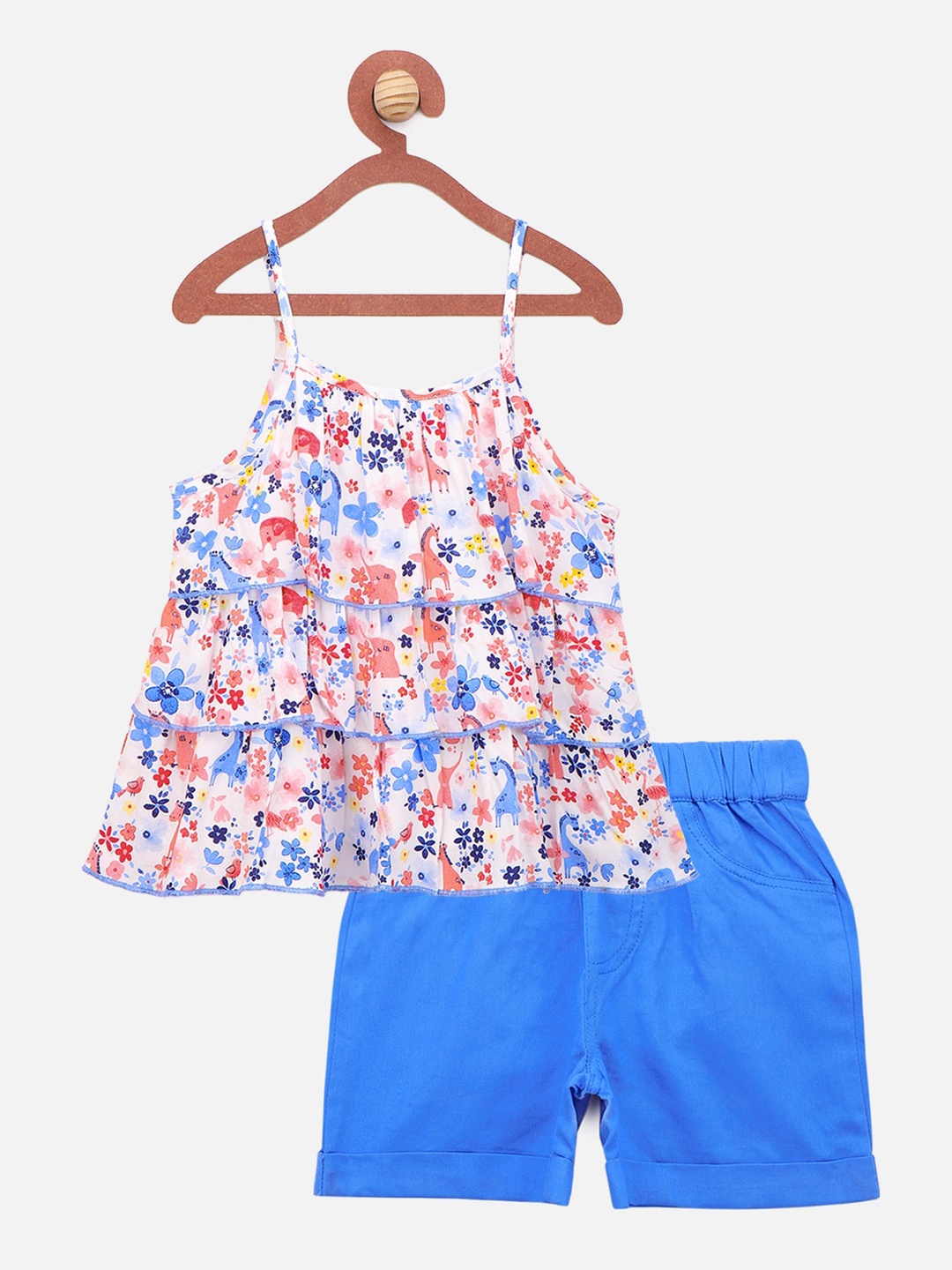 

LilPicks Girls White & Blue Printed Top with Shorts