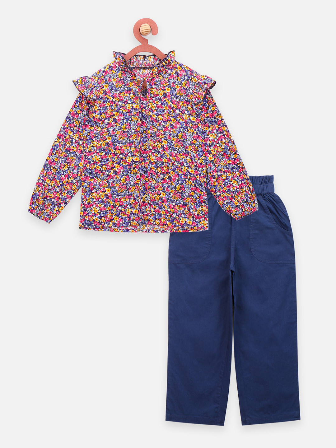 

LilPicks Girls Pink & Blue Printed Top With Pant Clothing Set