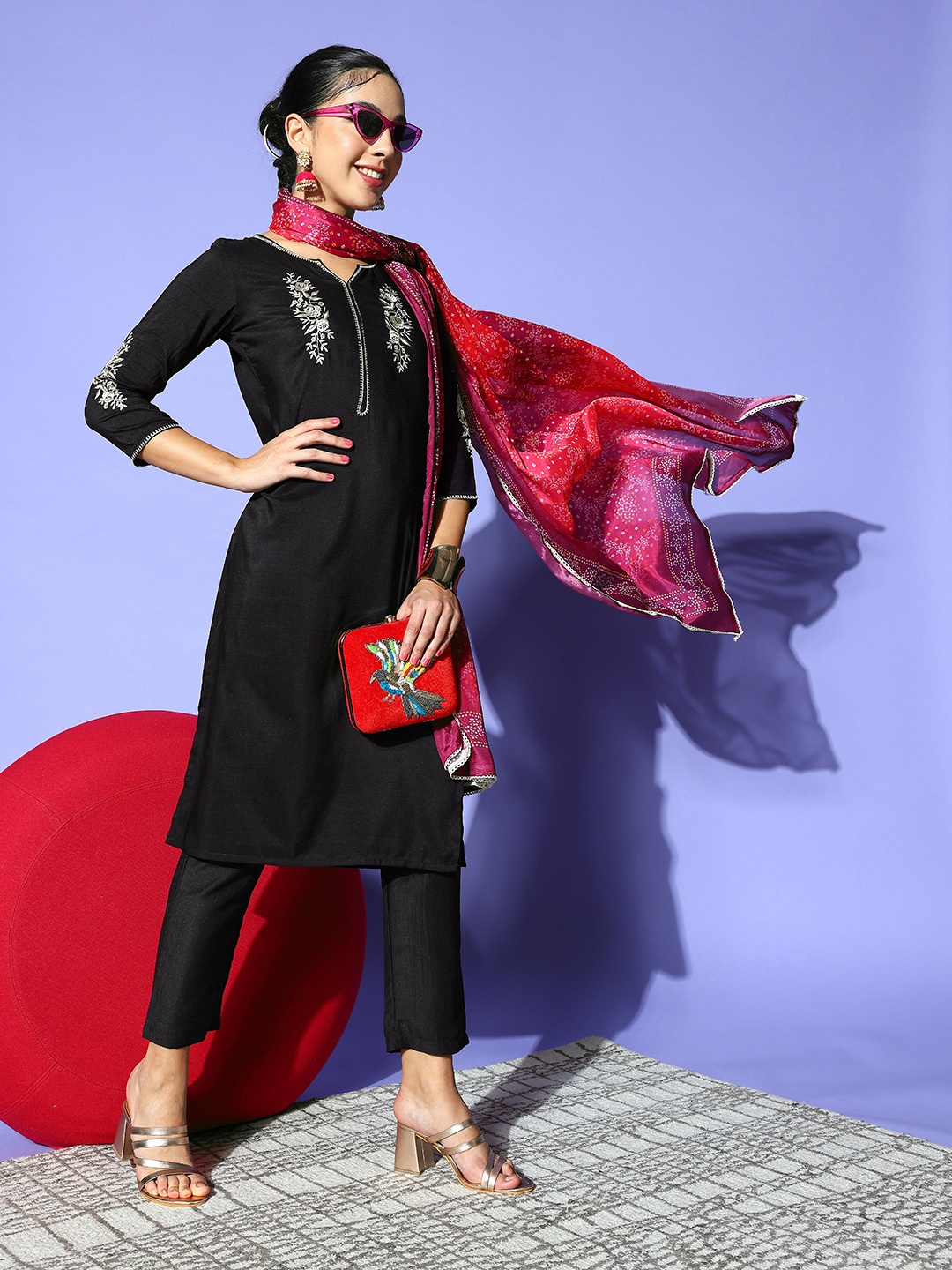 

Tikhi Imli Women Black Chanderi Cotton Print Parade Kurta Set