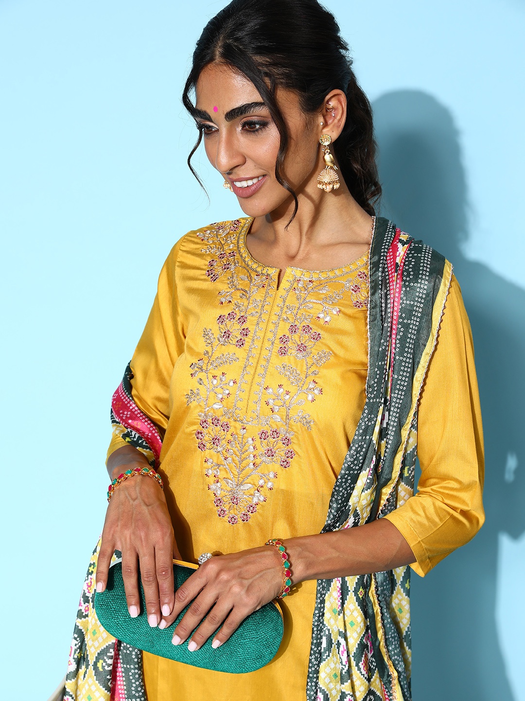 

Tikhi Imli Women Mustard Chanderi Cotton Print Parade Kurta Set