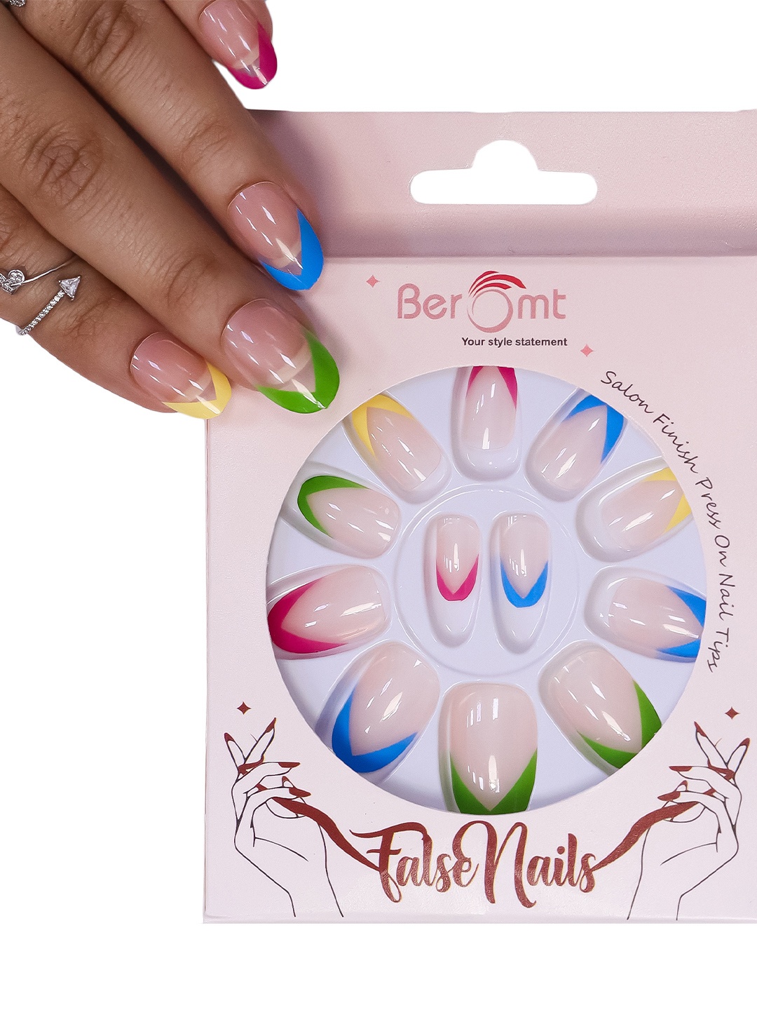 

BEROMT 12 Pcs Long-Lasting Reusable Lightweight Salon Finish Press on Nail Tips- Shade 192, Multi